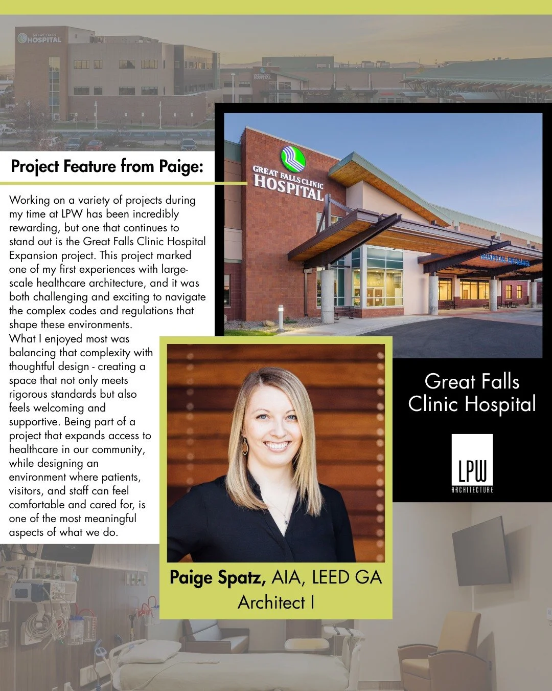 The Great Falls Clinic Hospital expansion project broke ground May 1, 2022 and expanded upon the existing hospital, completed in 2015. The project included building additions that more than doubled the size of the facility. Coupled with significant i