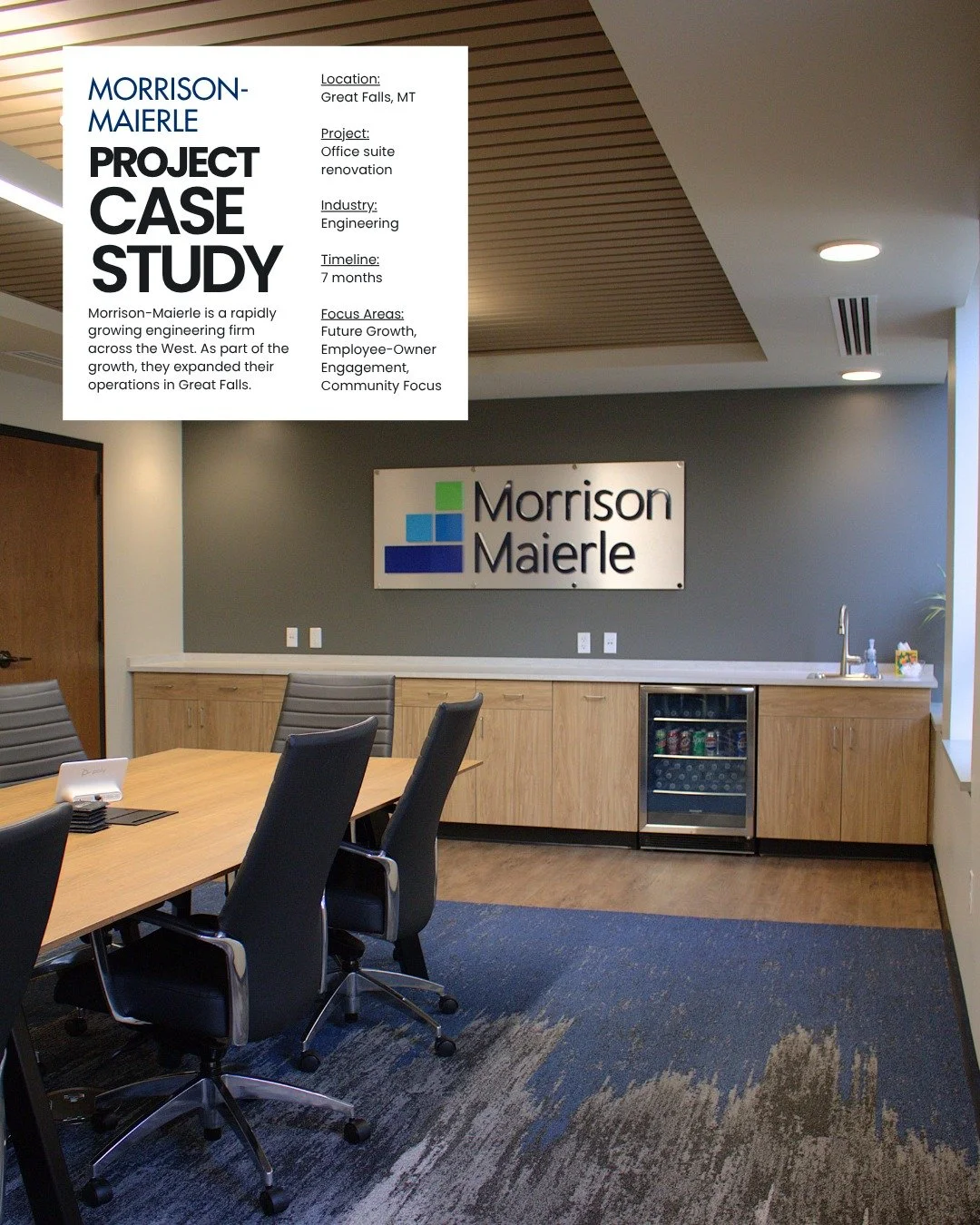 In 2024 we completed the Morrison-Maierle Great Falls Office renovation project. They had specific goals with this renovation, and we wanted to hear if they felt those goals were met and the impact the project has had on their company. We are honored