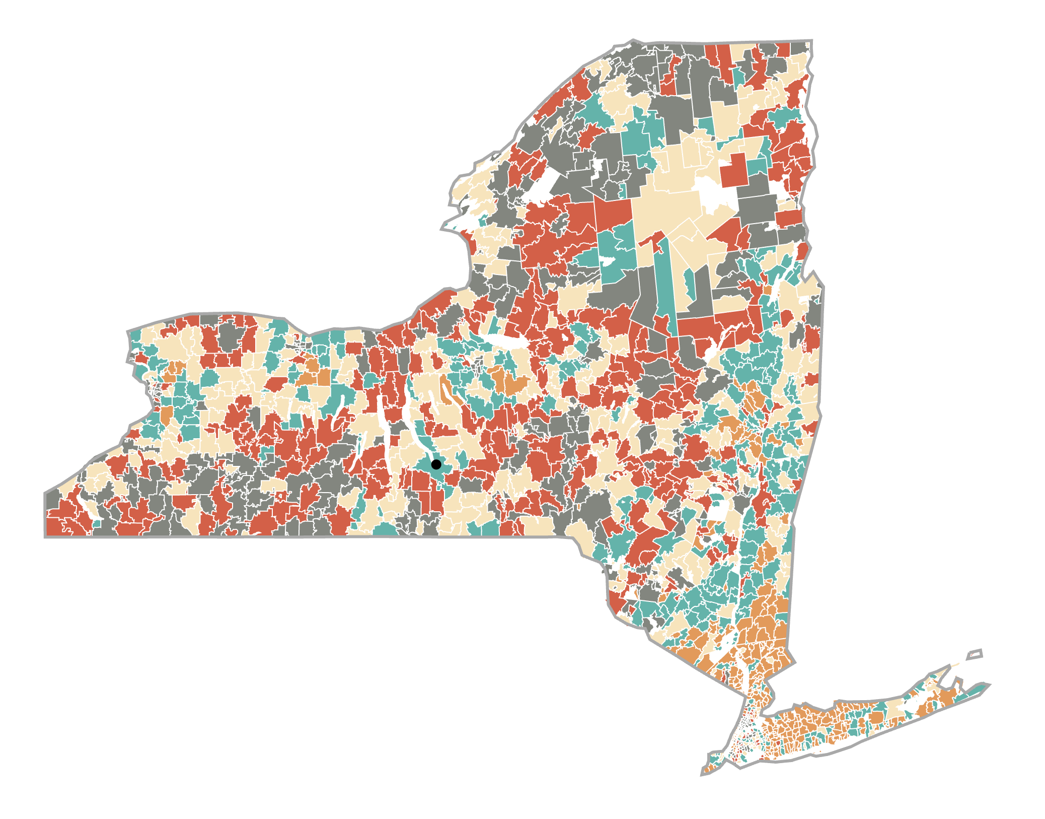 Choropleth Map of median family income for ZIP codes in New York state.