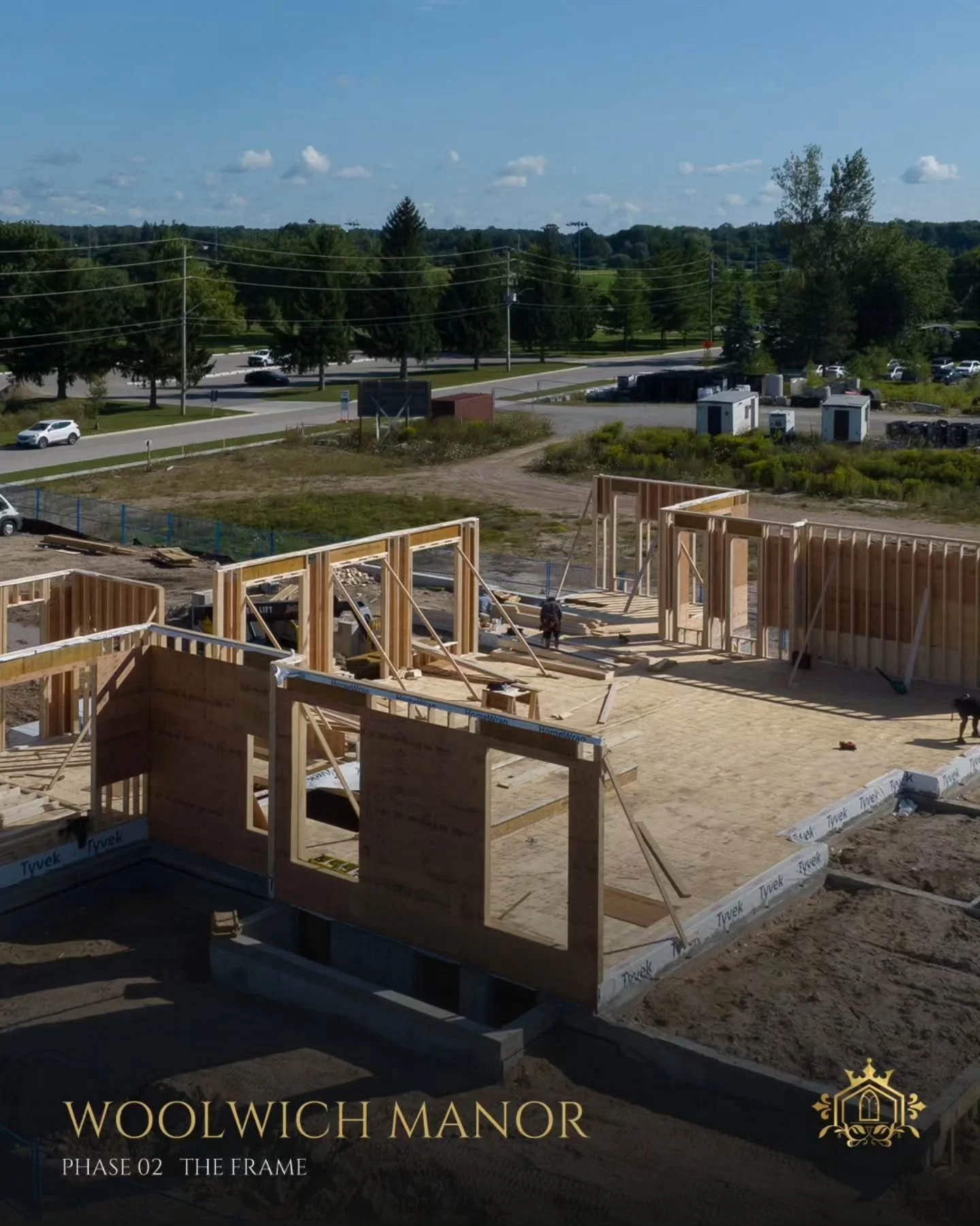 Inside a custom-home frame &mdash; the part most builders hide. 🏗️

This is Woolwich Manor, framing stage. From aerial to interior, here's what going vertical actually looks like &mdash; joists, trusses, raised walls, the bones that decide how the f