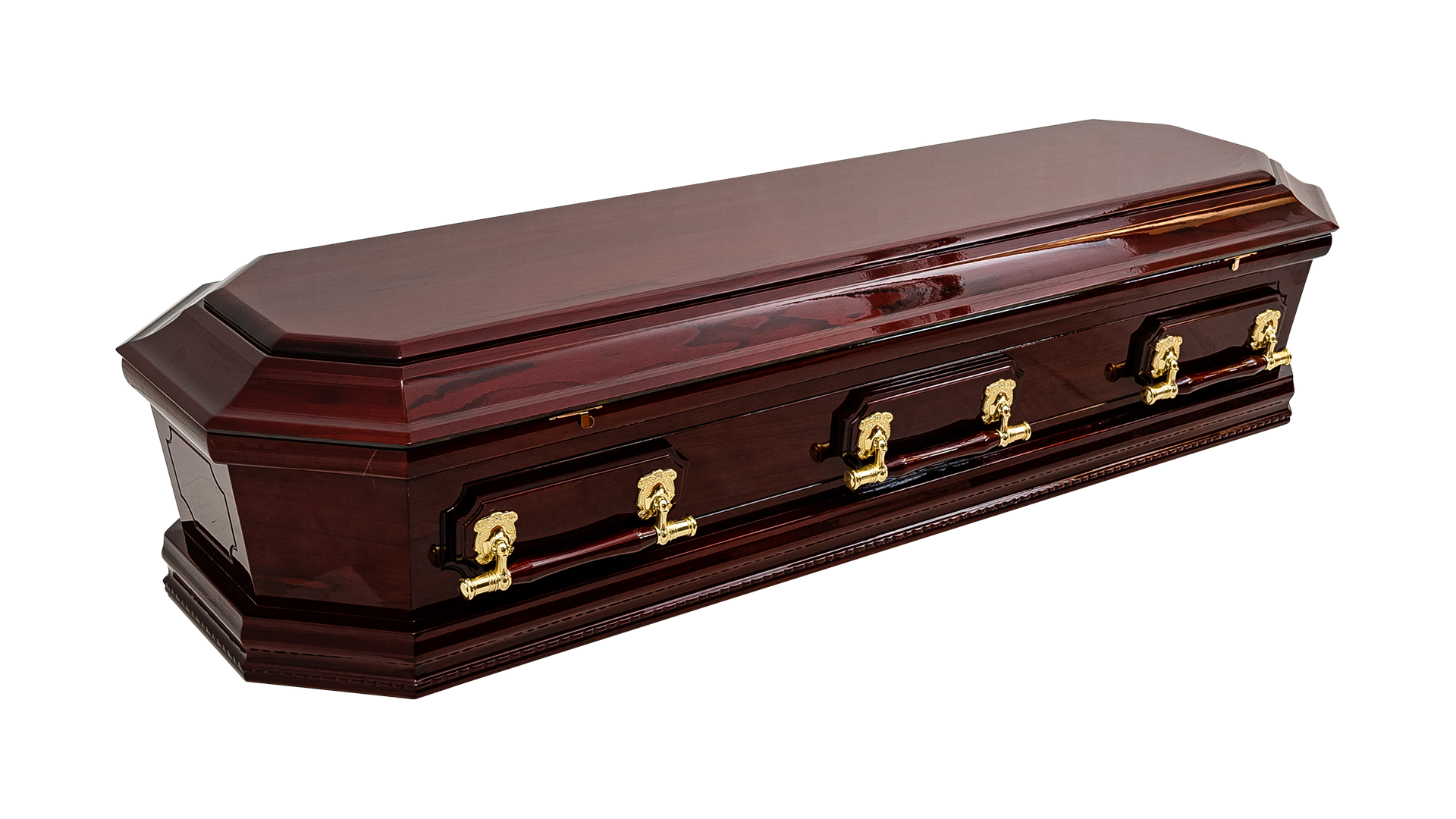 The Grecian Urn is a solid timber, octagonal casket, with pin groves to the sides and ends and decorative beading to the lower moulding. 

