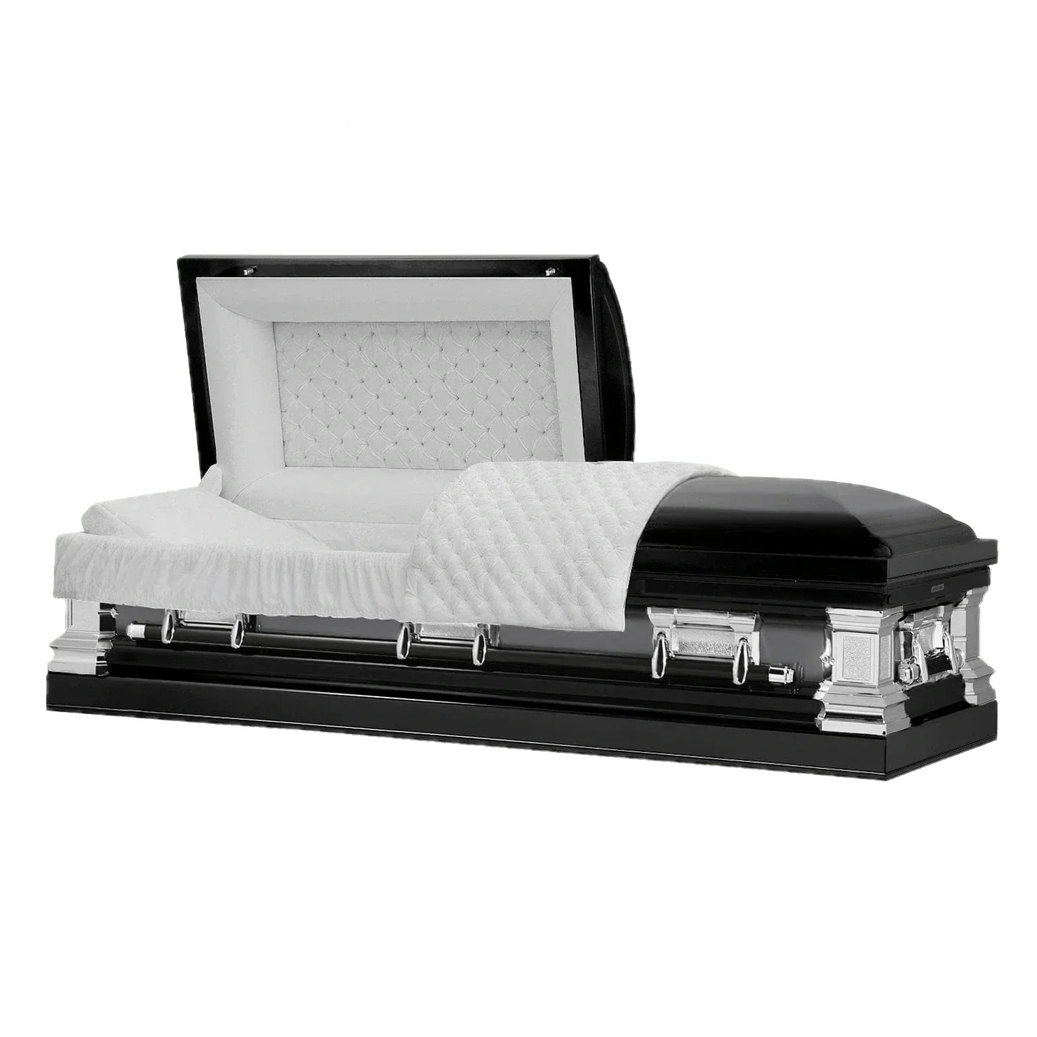 The Ebony Stainless is a premium burial container featuring a dark black-and-ebony exterior finish paired with strong stainless steel and polished metal hardware.