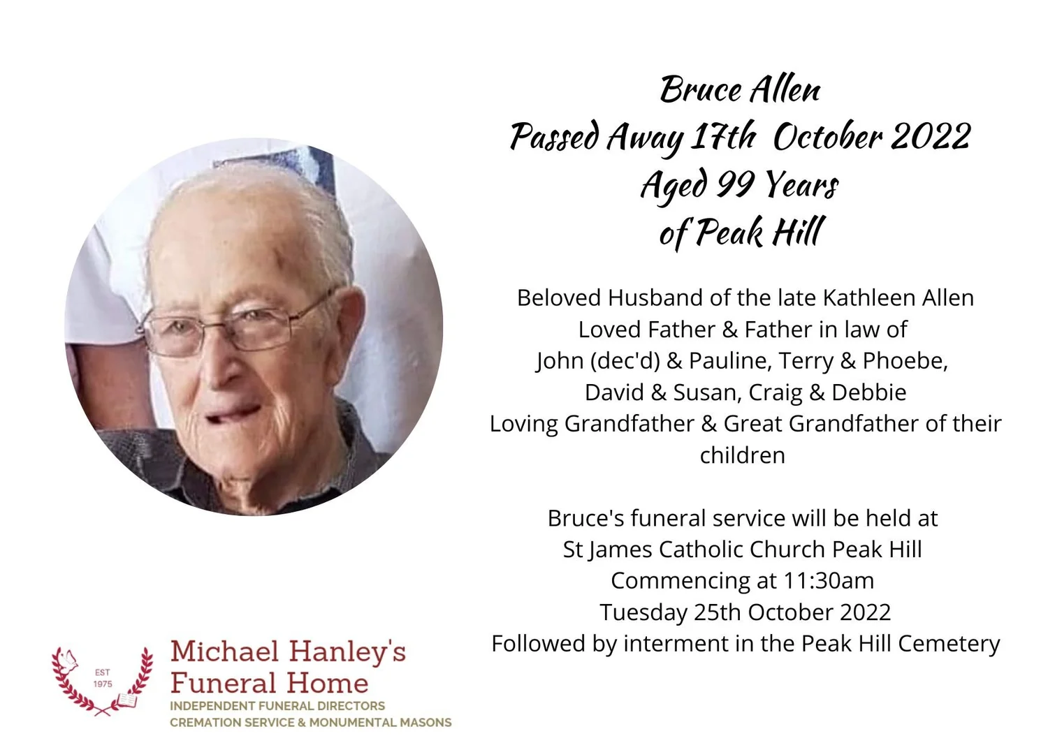 Funeral notices Central West — Michael Hanley Funerals Forbes