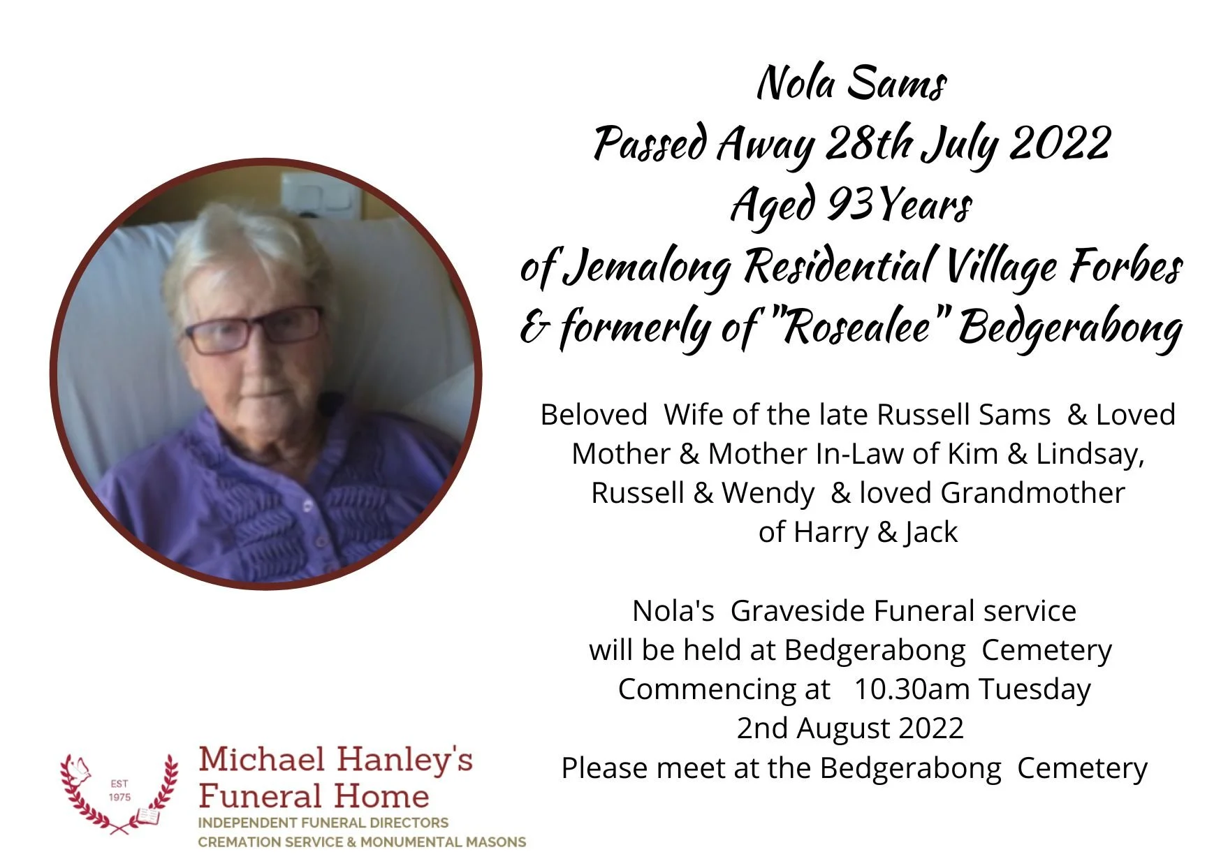 Funeral notices — Michael Hanley Funerals Forbes