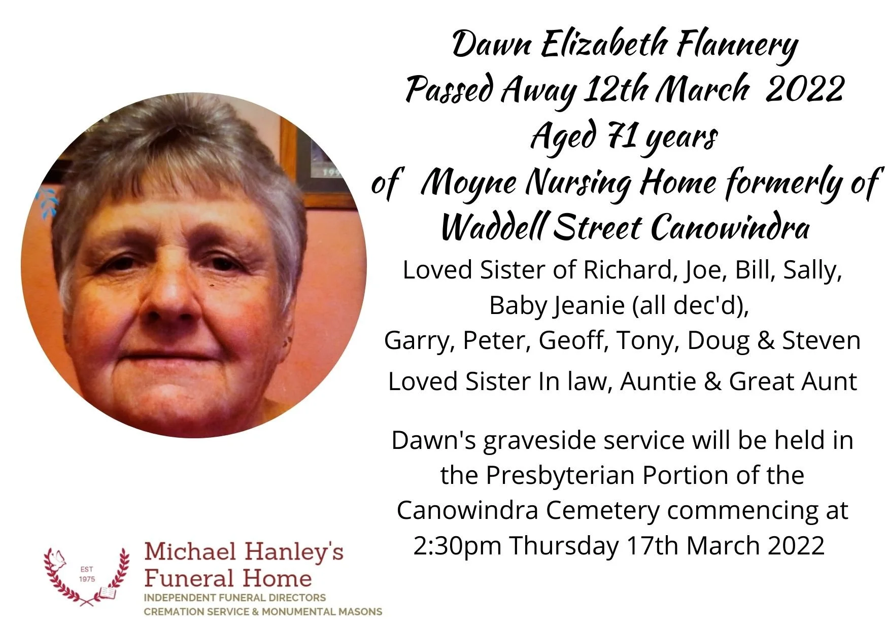 Funeral notices Central West — Michael Hanley Funerals Forbes