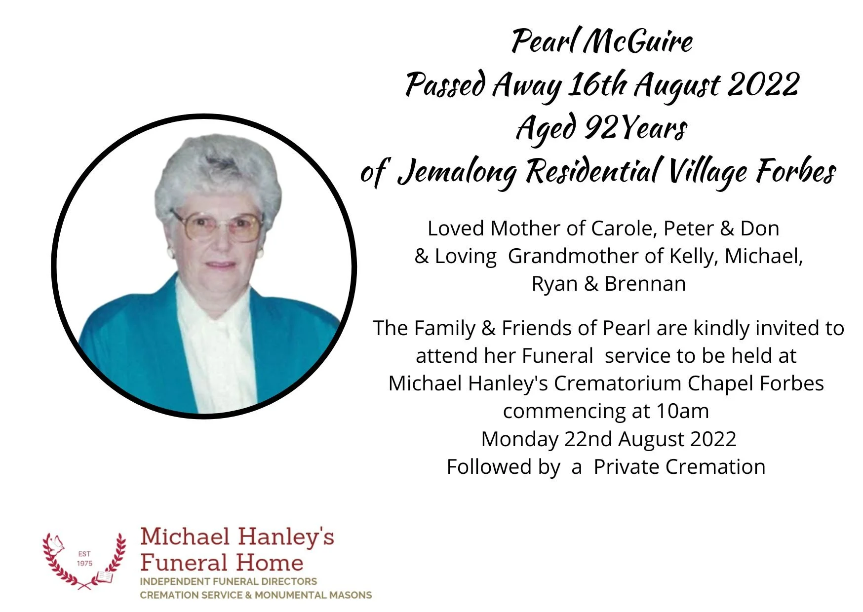 Funeral notices — Michael Hanley Funerals Forbes