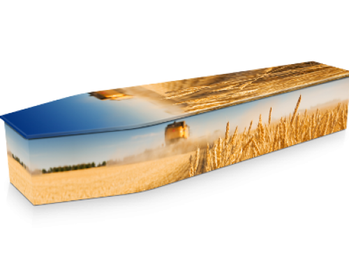 The Wheat Harvest is a custom rural-themed printed wooden casket featuring an Australian spring afternoon field graphic with a combine harvester