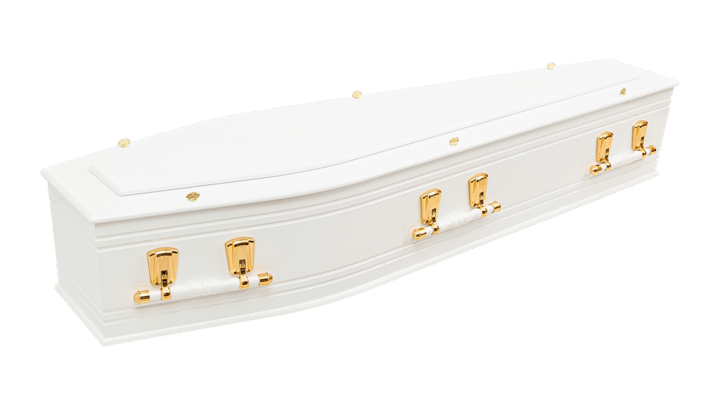 The Wentworth White is a single raised lid, craftwood coffin with parallel routed lines to the sides and ends.

