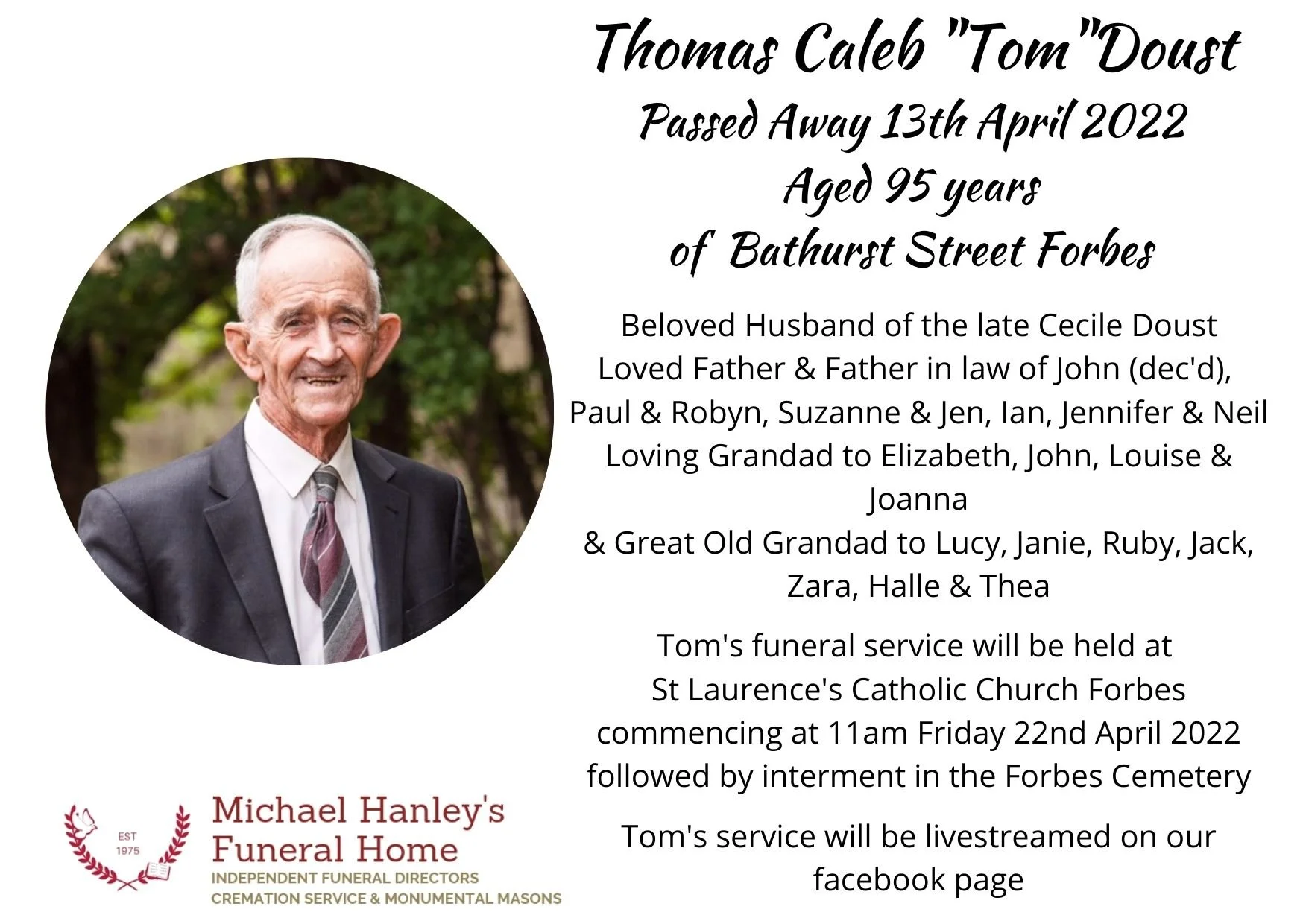 Funeral notices Central West — Michael Hanley Funerals Forbes