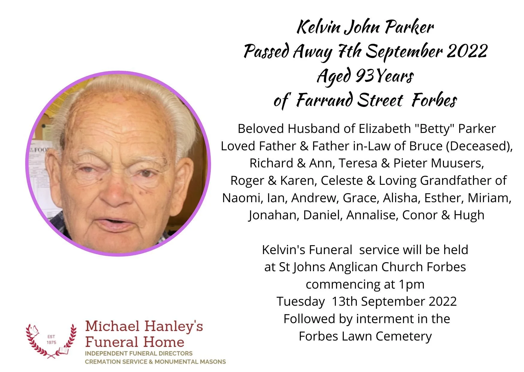 Funeral notices — Michael Hanley Funerals Forbes