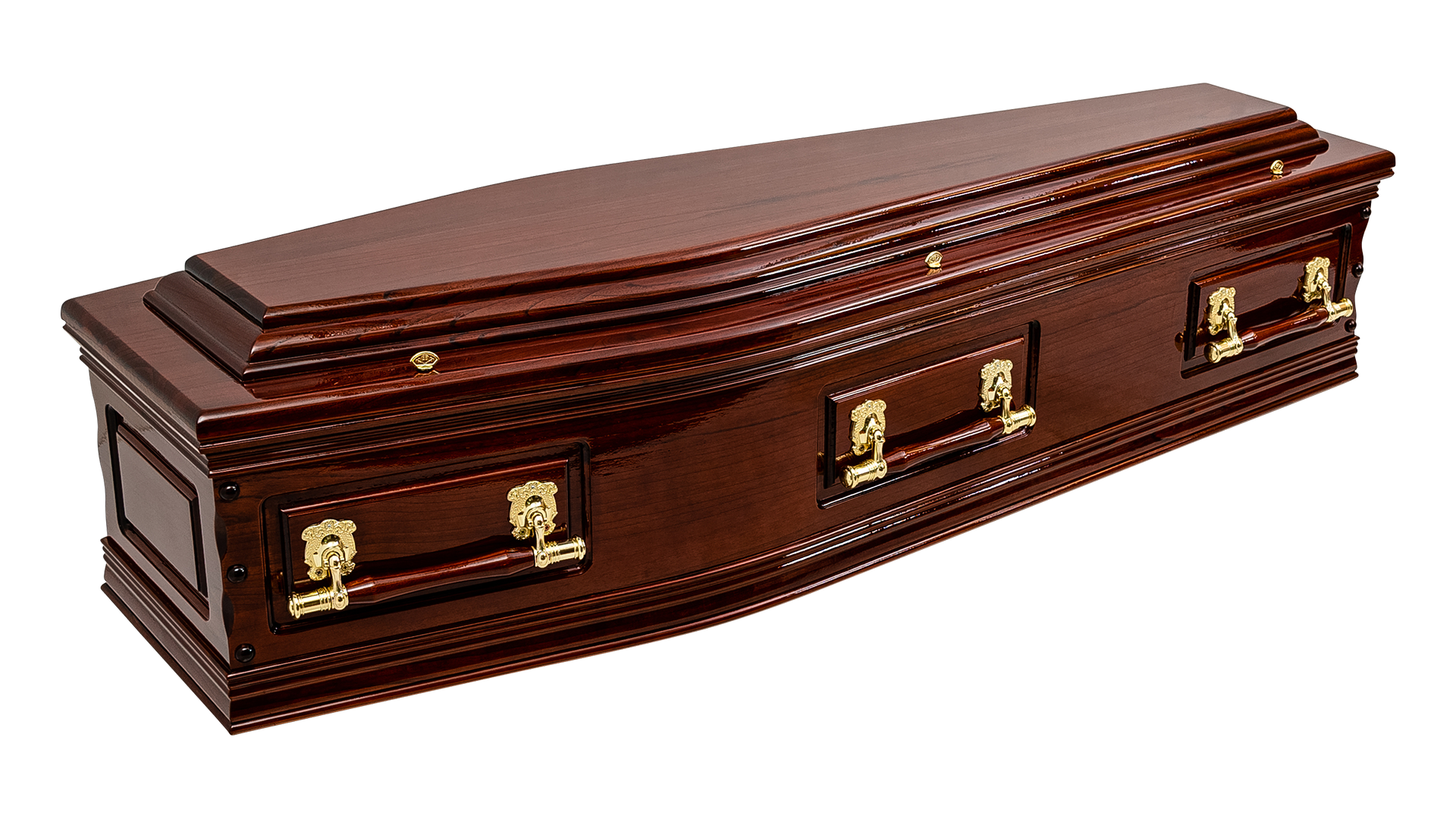 The Denman Cedar is a solid timber, cedar coffin with a semi-domed raised lid, panelled sides and ends, scallops and buttons.


