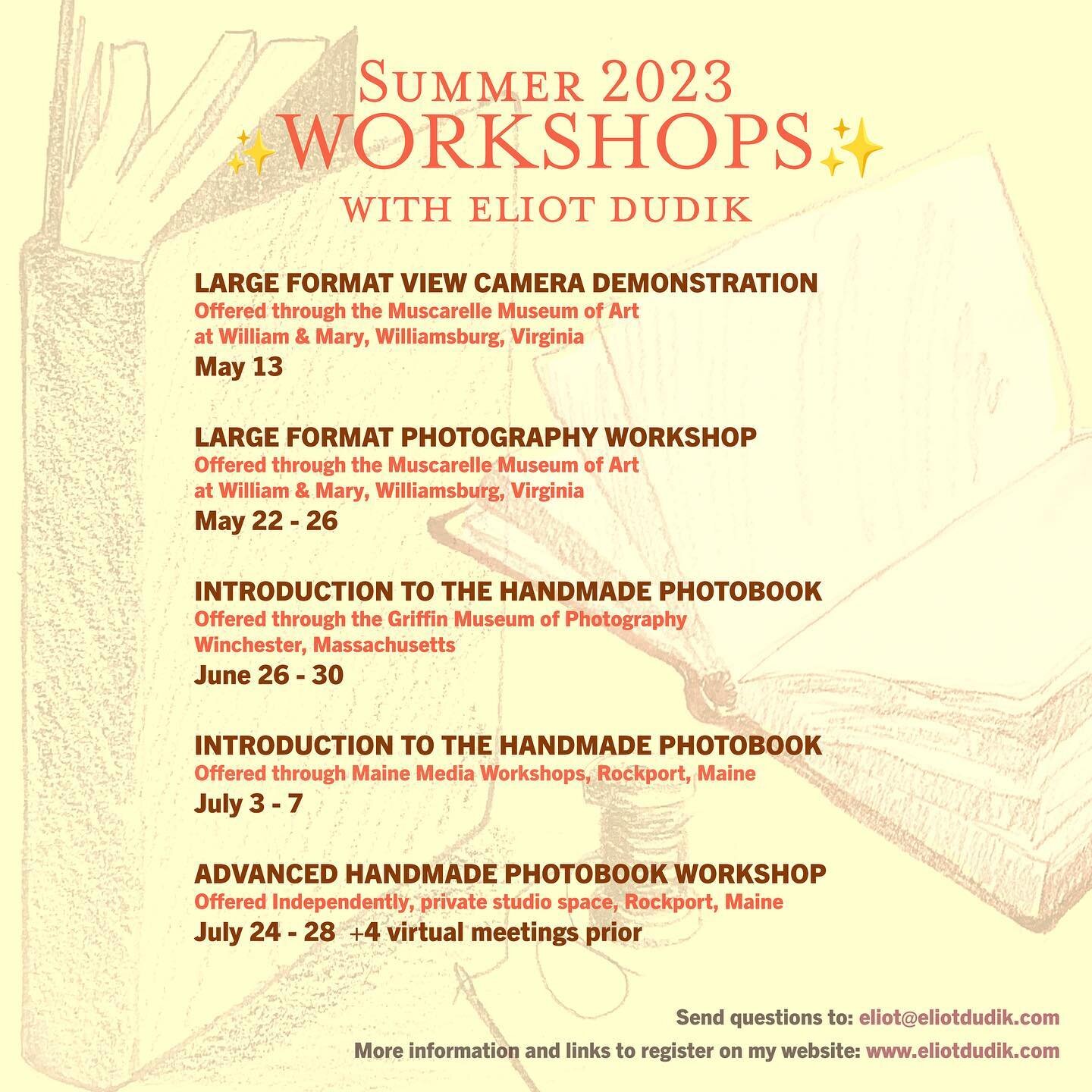 It&rsquo;s time to plan your productive summers! My workshops are now live, please consider registering for one and spreading the word to your photo//book friends! 🙏
.
.
LARGE FORMAT VIEW CAMERA DEMONSTRATION

Offered through the Muscarelle Museum o