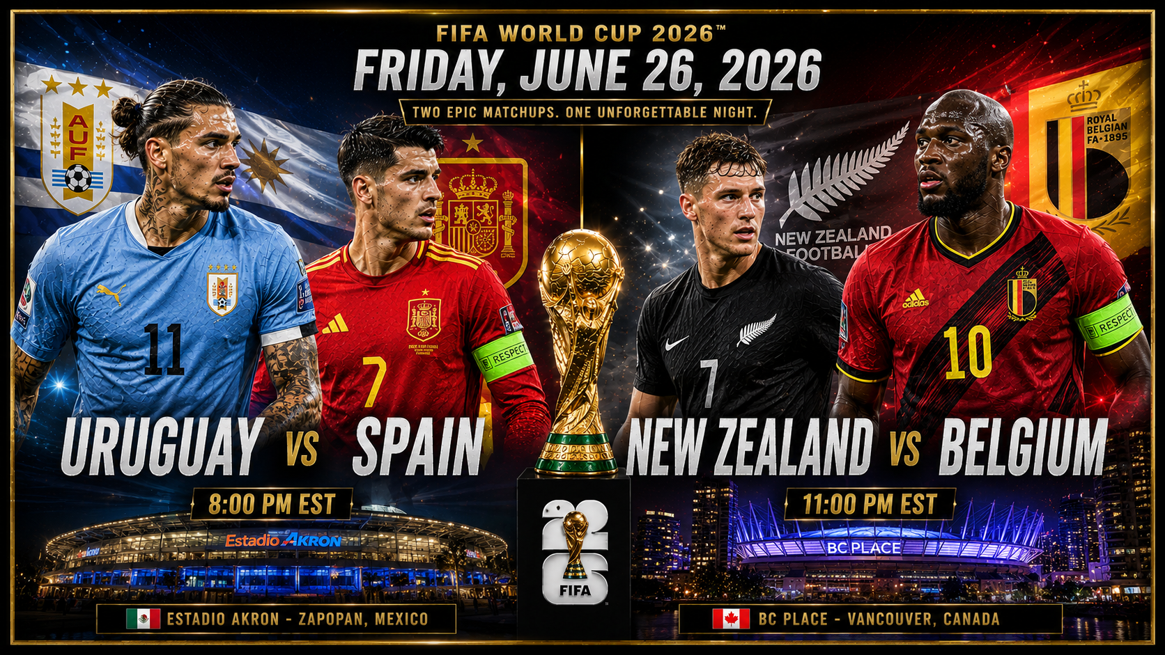 Uruguay vs Spain &amp; New Zealand vs Belgium Prediction &amp; Betting Pick | FIFA World Cup June 26, 2026