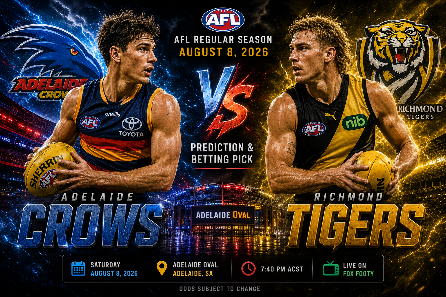 Adelaide Crows vs Richmond Tigers Prediction &amp; Betting Pick | AFL Regular Season August 8, 2026