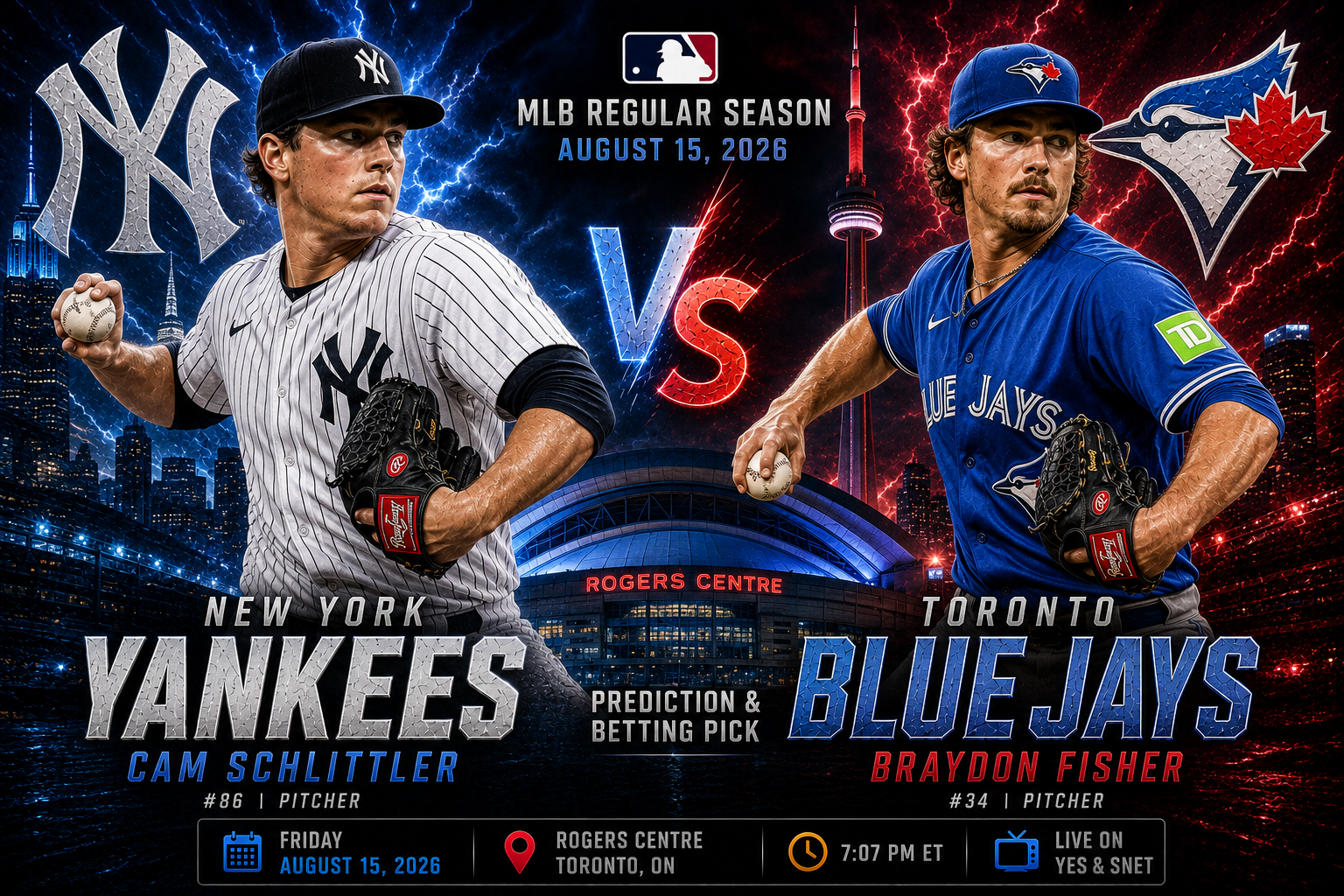 New York Yankees (Cam Schlittler) at Toronto Blue Jays (Braydon Fisher) Prediction &amp; Betting Pick | MLB Regular Season August 15, 2026