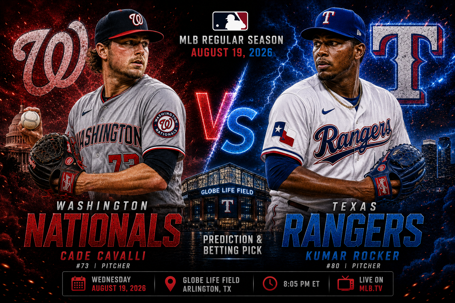 Washington Nationals (Cade Cavalli) at Texas Rangers (Kumar Rocker) Prediction &amp; Betting Pick | MLB Regular Season August 19, 2026
