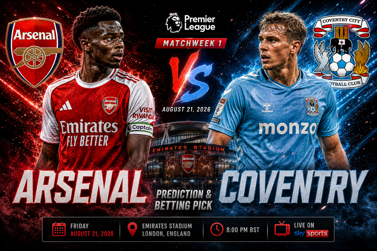 Arsenal vs Coventry Prediction &amp; Betting Pick | English Premier League Matchweek 1 August 21, 2026