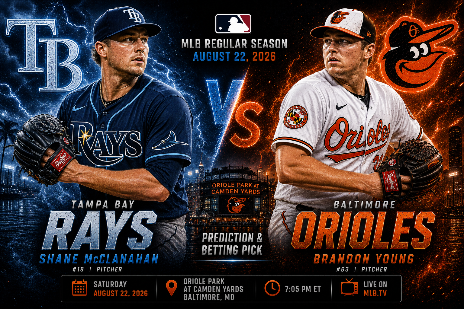 Tampa Bay Rays (Shane McClanahan) at Baltimore Orioles (Brandon Young) Prediction &amp; Betting Pick | MLB Regular Season August 22, 2026