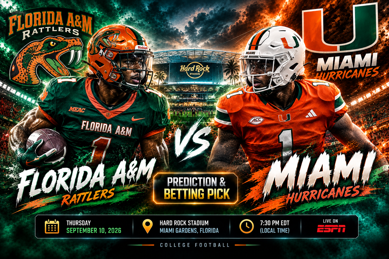 Florida A&amp;M @ Miami Florida Prediction &amp; Betting Pick | College Football September 10, 2026