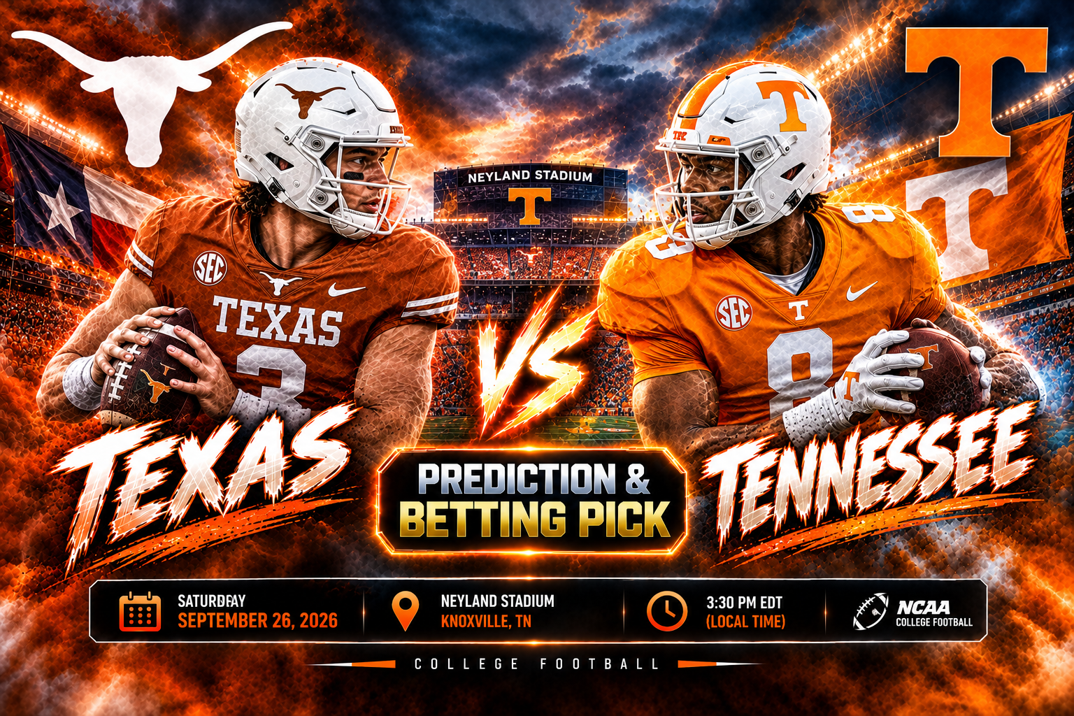Texas at Tennessee Prediction &amp; Betting Pick | College Football September 26, 2026