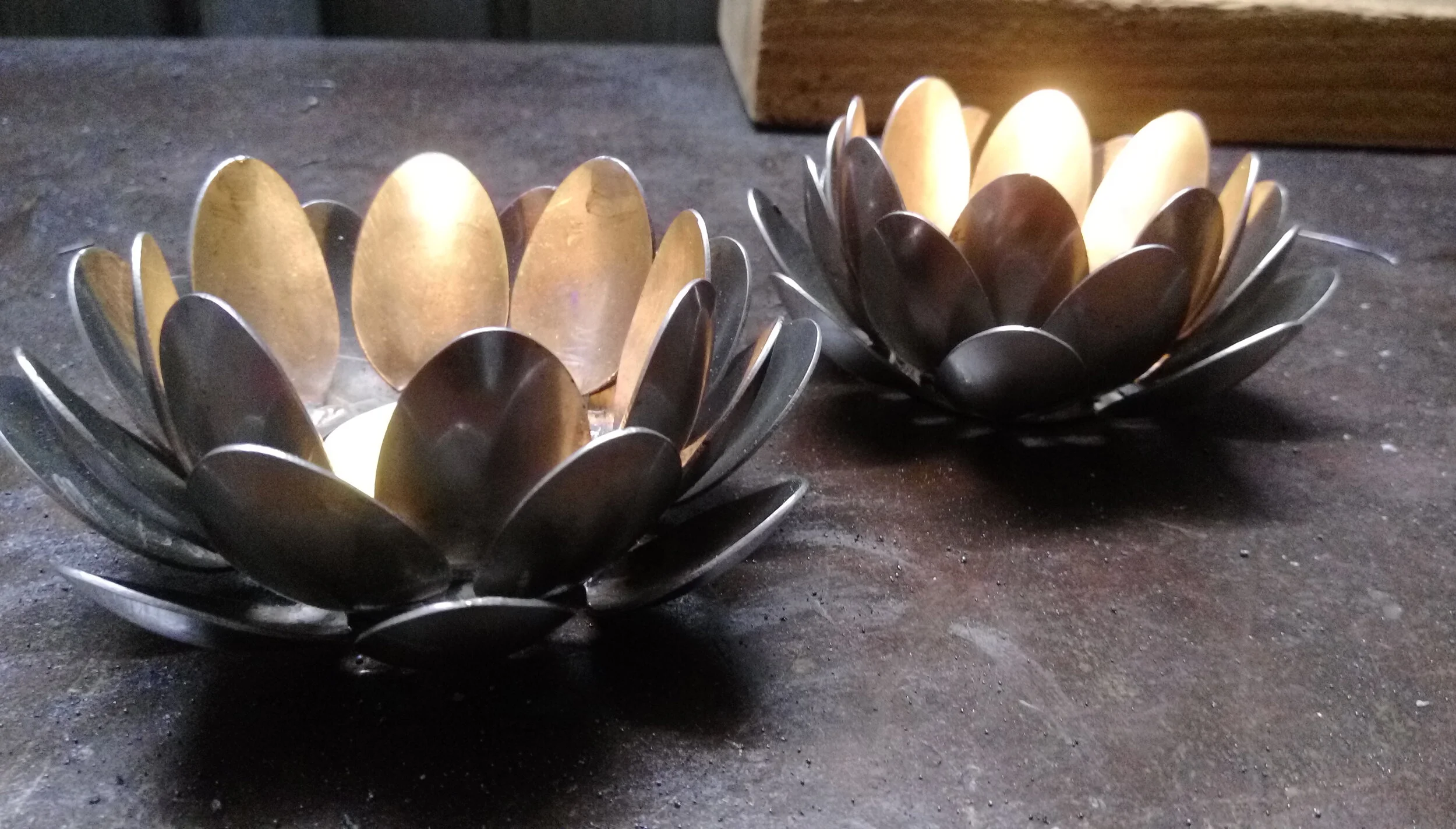 scrap metal spoon lotus flower tealight candle holder
