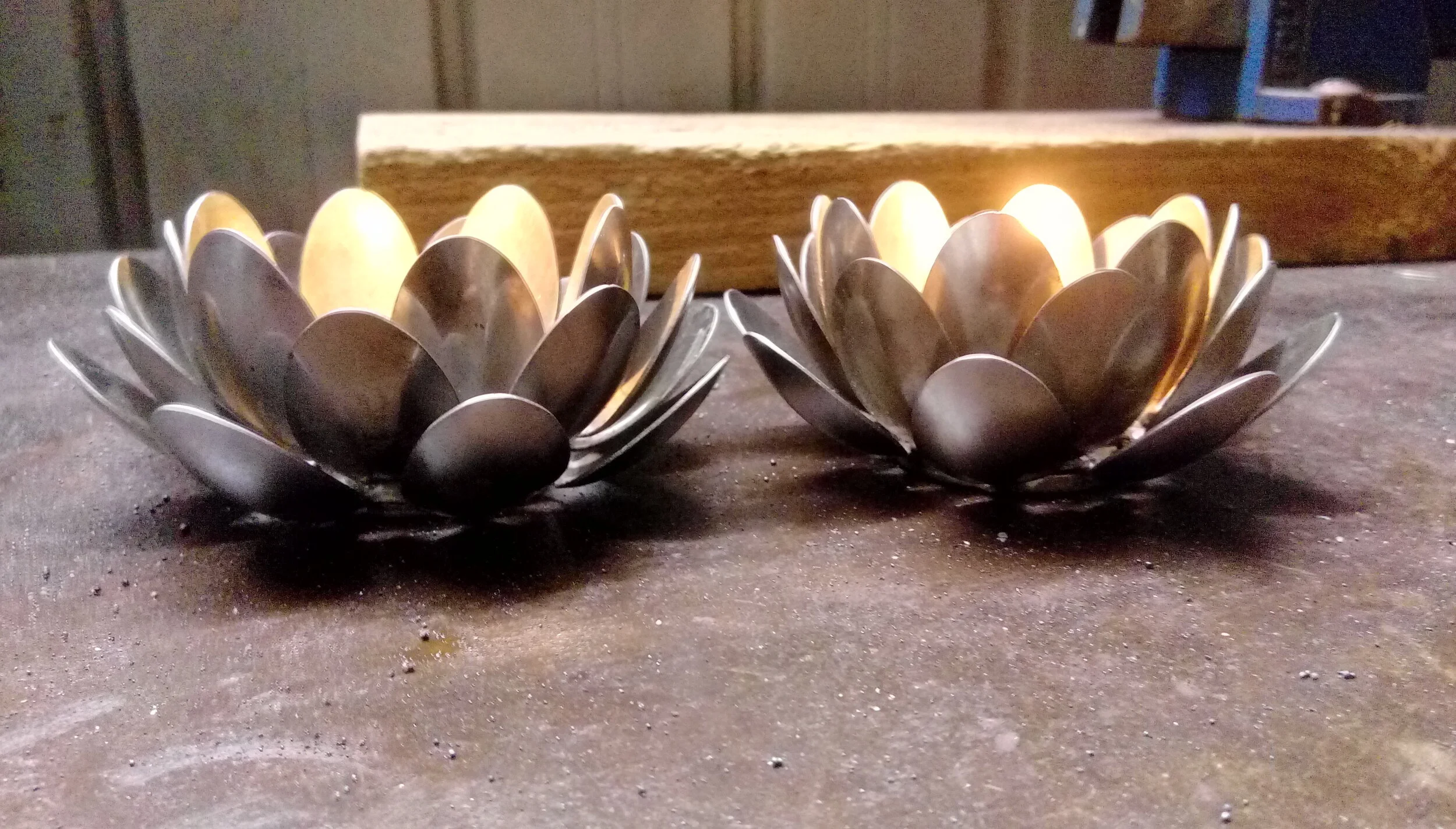 scrap metal spoon lotus flower tealight candle holder