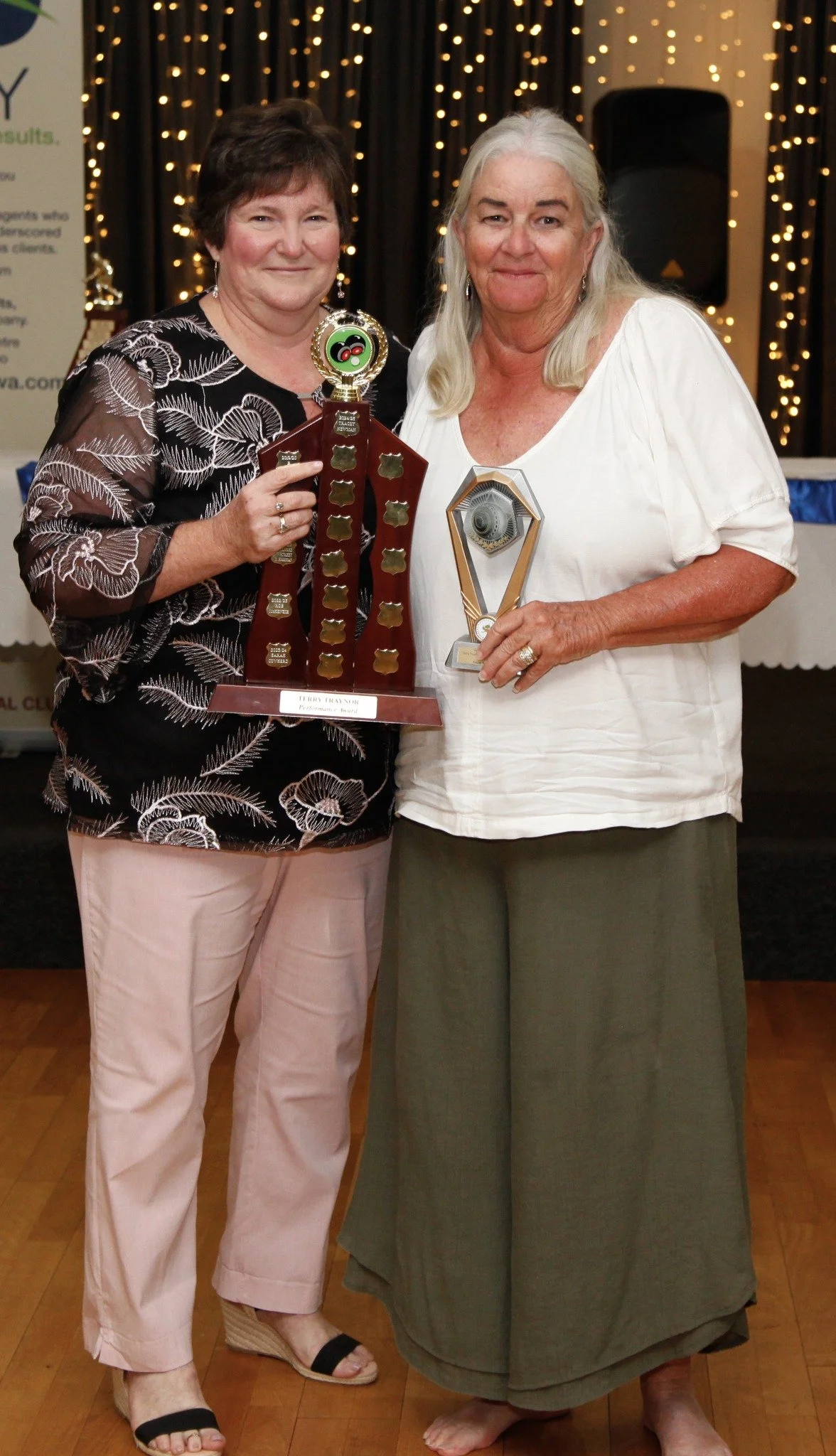 Sharon Kidd with Tracey Newman winner of the Terry Traynor Trophy for second division best bowler