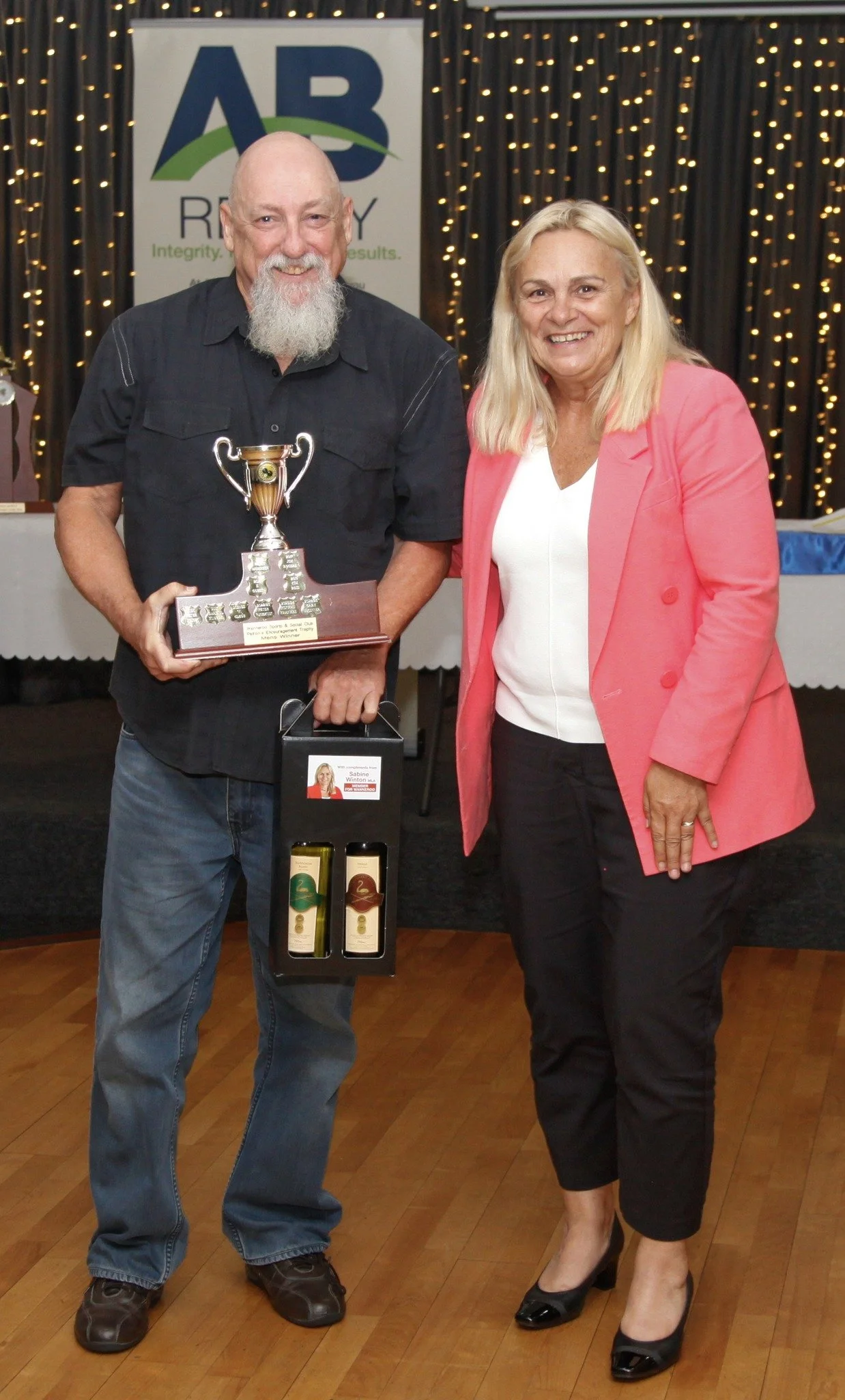 Sabine Winton MLA with Gary winner of the Bowls Encouragement Award