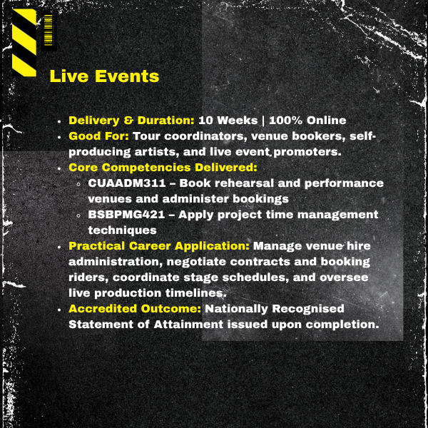 Live Events. Delivery & Duration: 10 Weeks | 100% Online. Target Audience: Tour coordinators, venue bookers, self-producing artists, and live event promoters