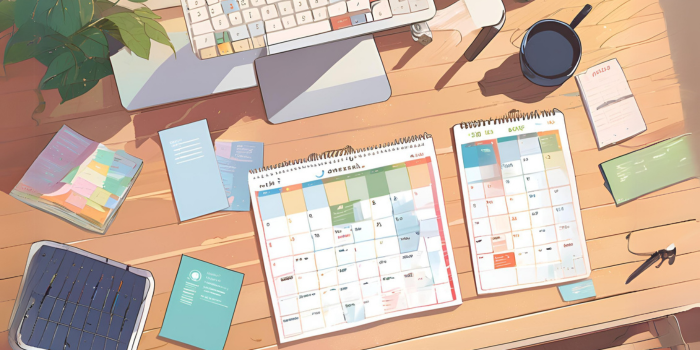 Anime-style flat lay illustration of a content calendar representing structured B2B SaaS content strategy and process-driven planning.