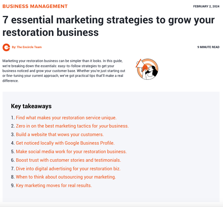 SEO-optimized B2B blog refresh for Encircle targeting restoration contractors, focused on content strategy and pipeline growth in the field services industry.