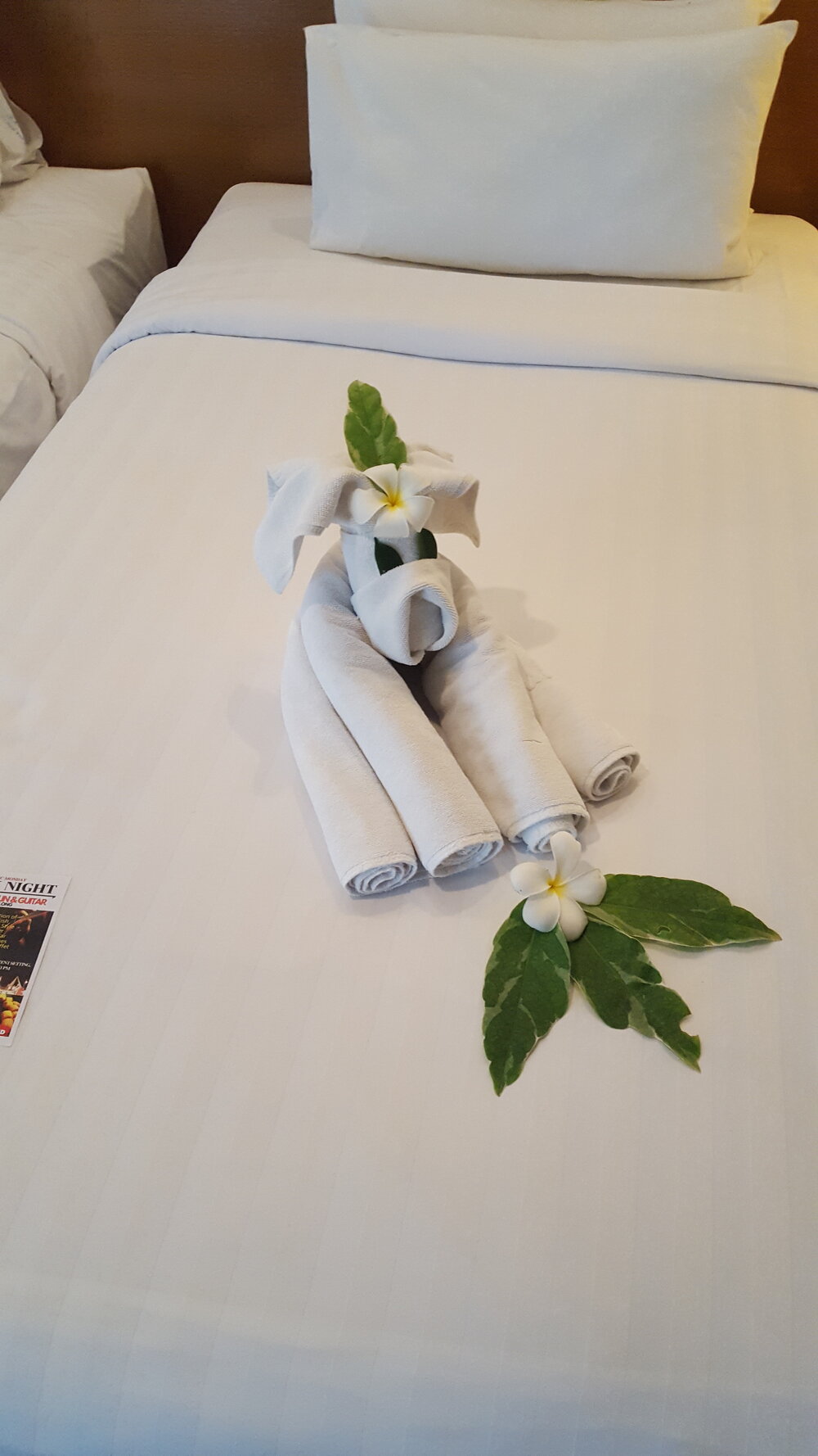 Cute towel decor to welcome us in the hotel room
