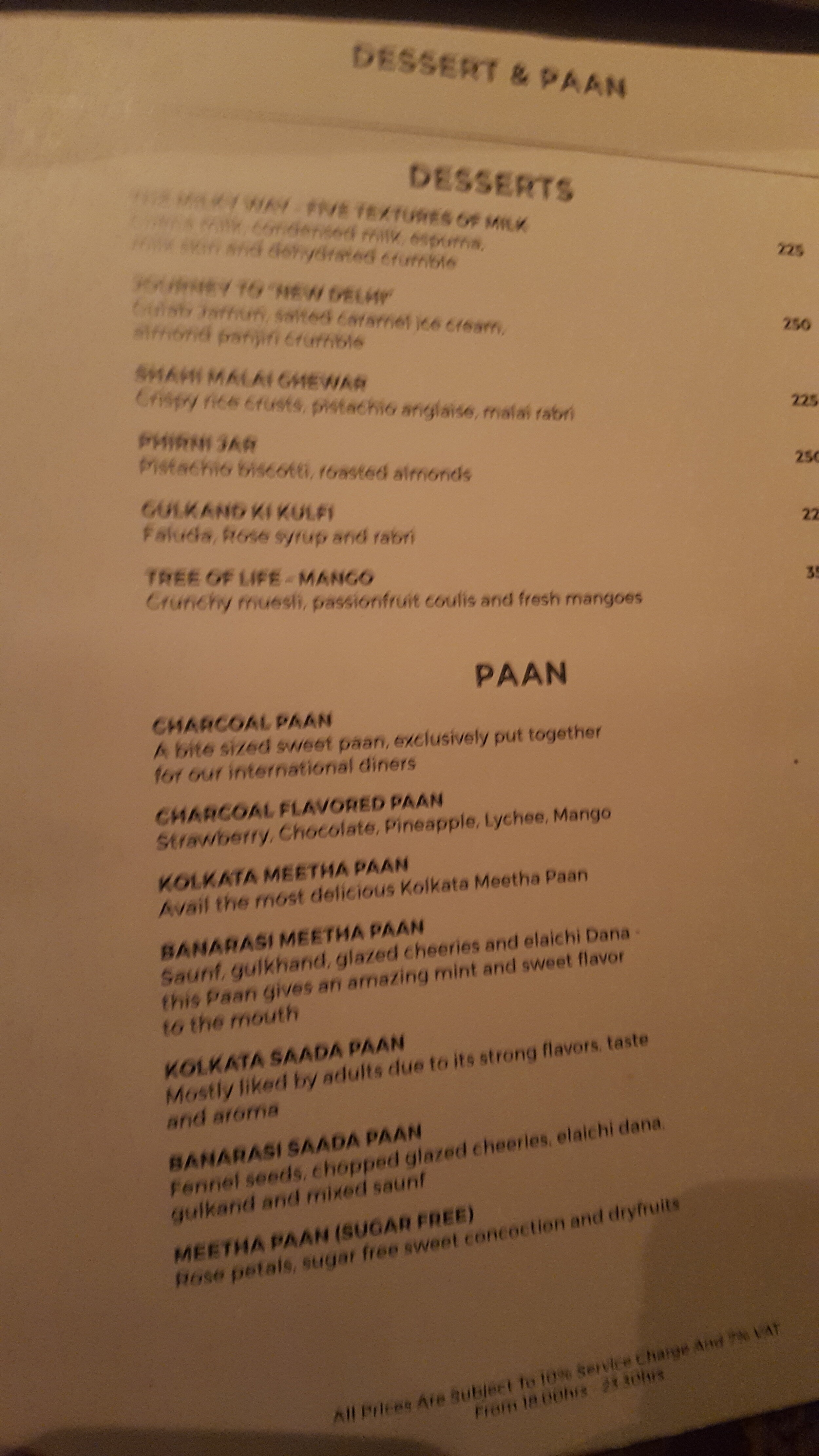 Paan menu at Charcoal