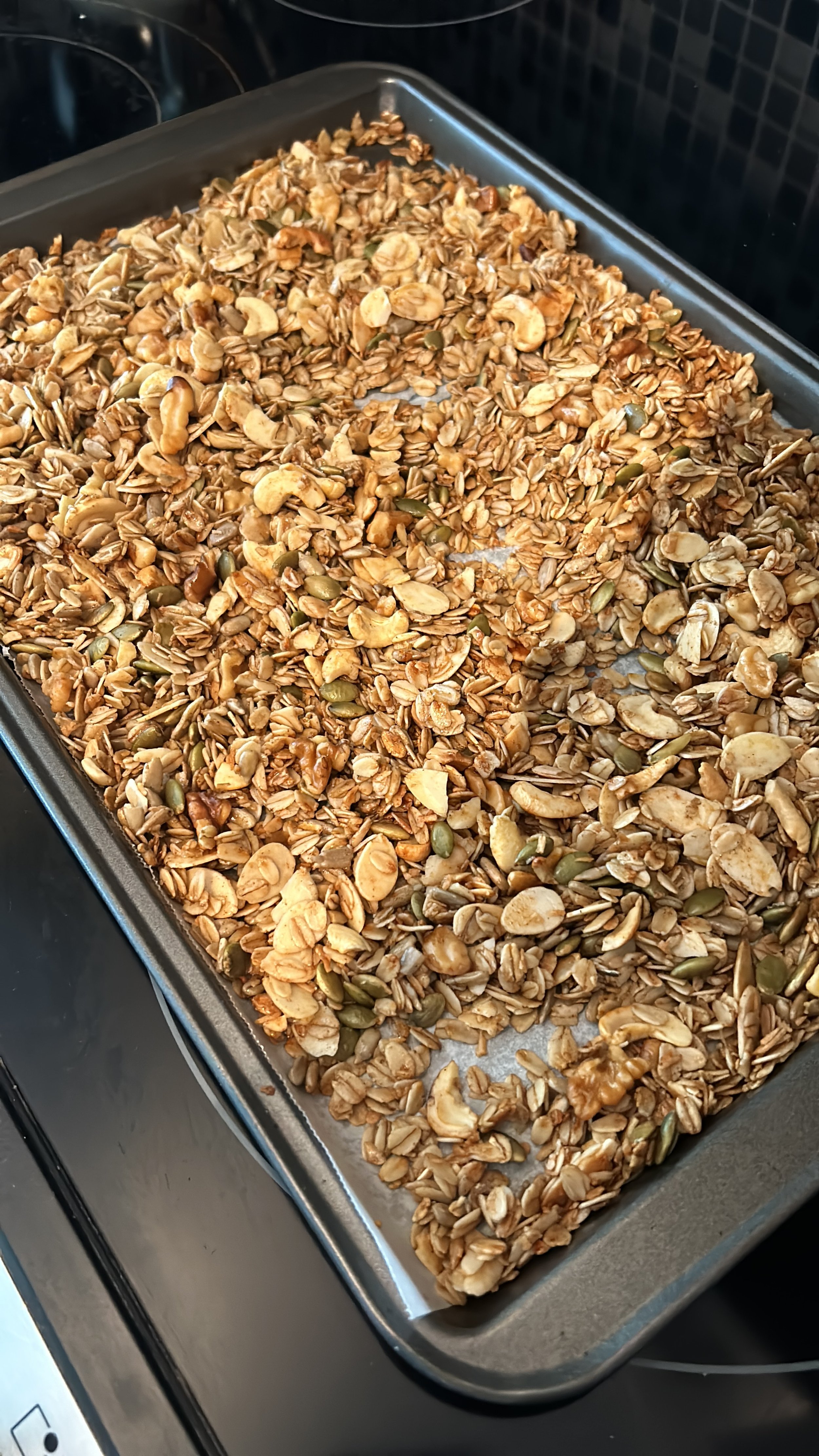 Toasted granola mixture cooling down