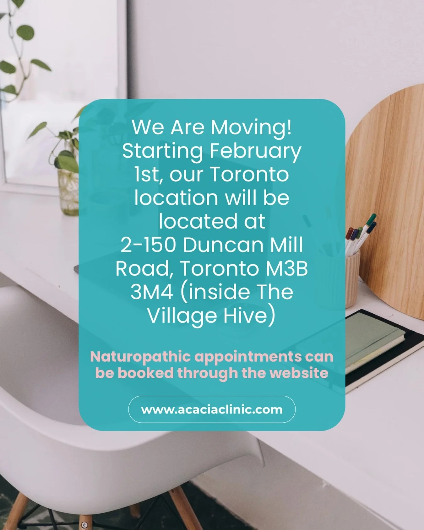 We Are Moving! 👏🏼 Starting February 1st, our Toronto location will be located in North York near Leslie Street, highway 401, and Don Mills 🙂. 

In-person or virtual naturopathic medical appointments can be booked via our website, by phone, or by c