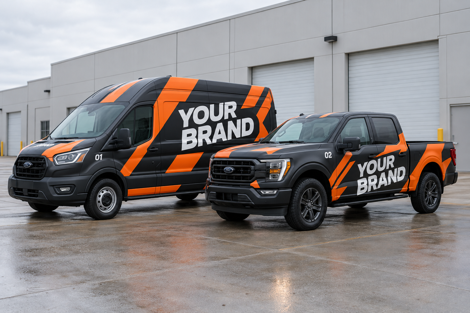 Illustrative commercial wrap concept showing coordinated charcoal and orange wraps on a cargo van and pickup truck