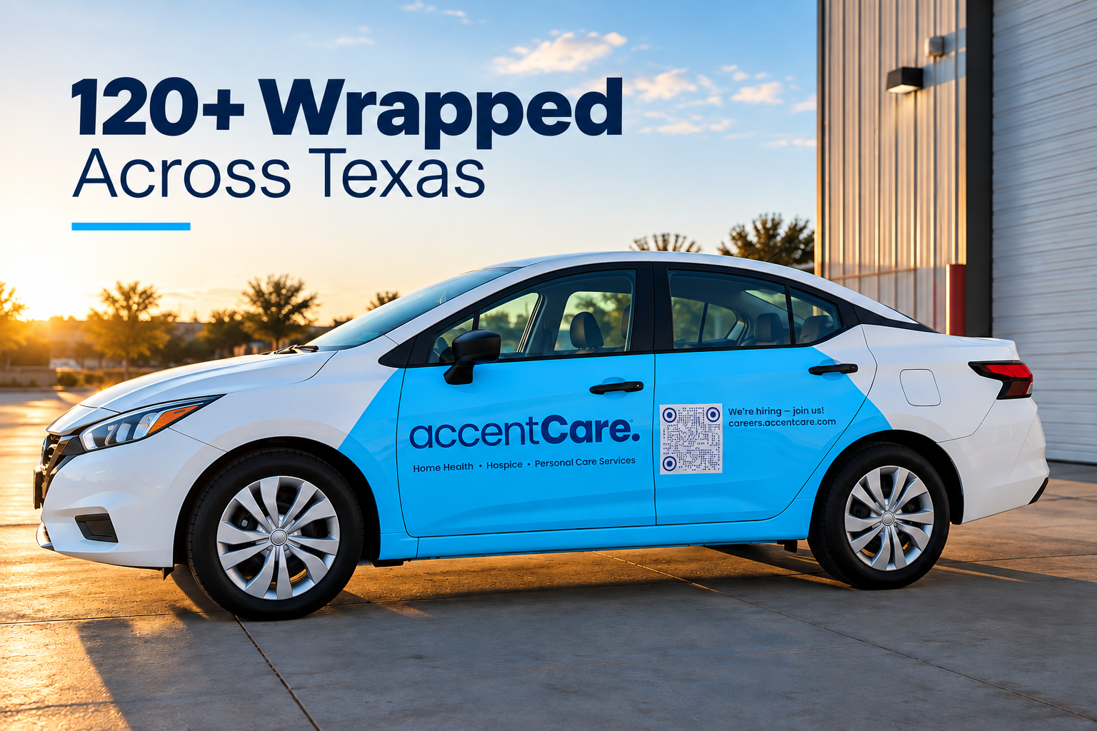 AccentCare sedan with blue commercial graphics across its doors, from an Astro completed vehicle graphics project