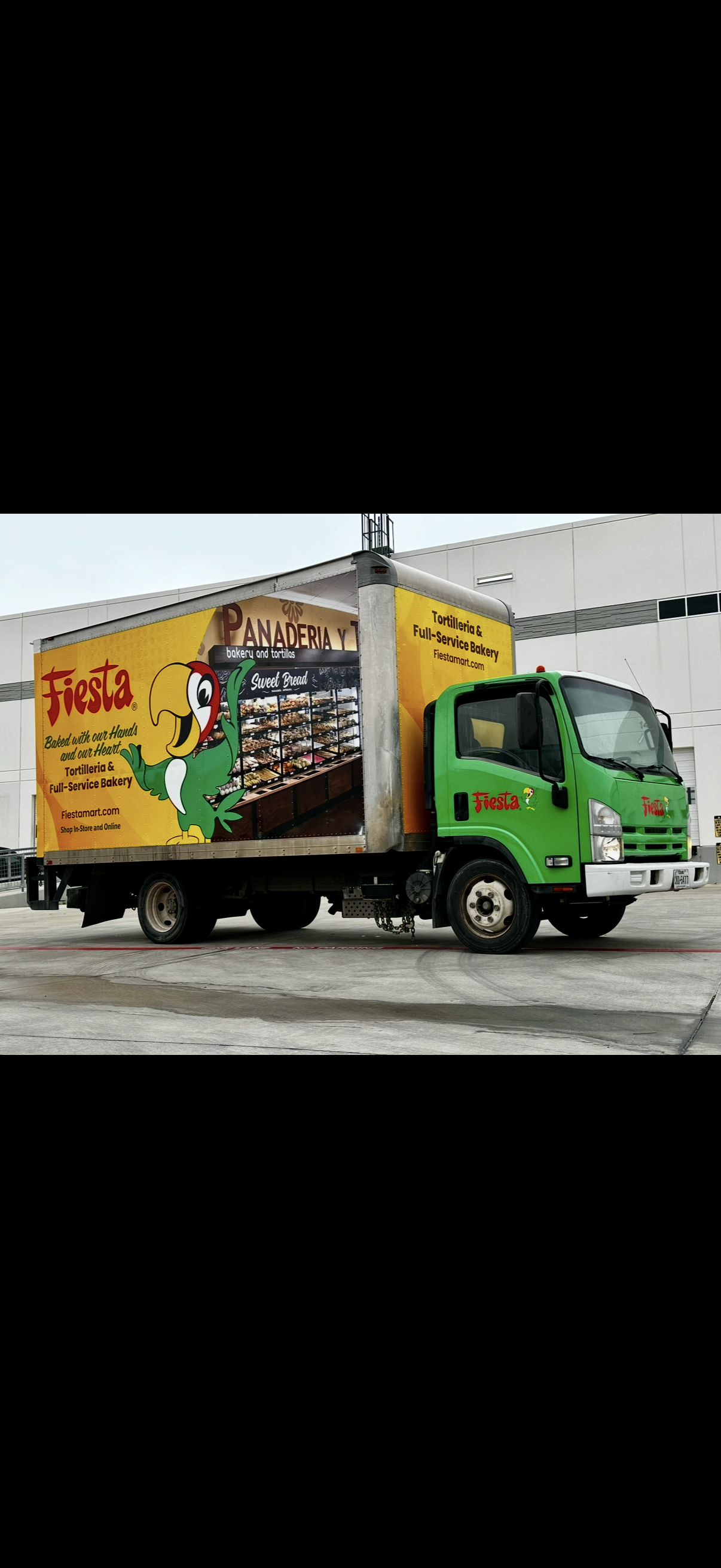 Fiesta commercial box truck with bakery graphics and a green cab, completed by Astro Wraps