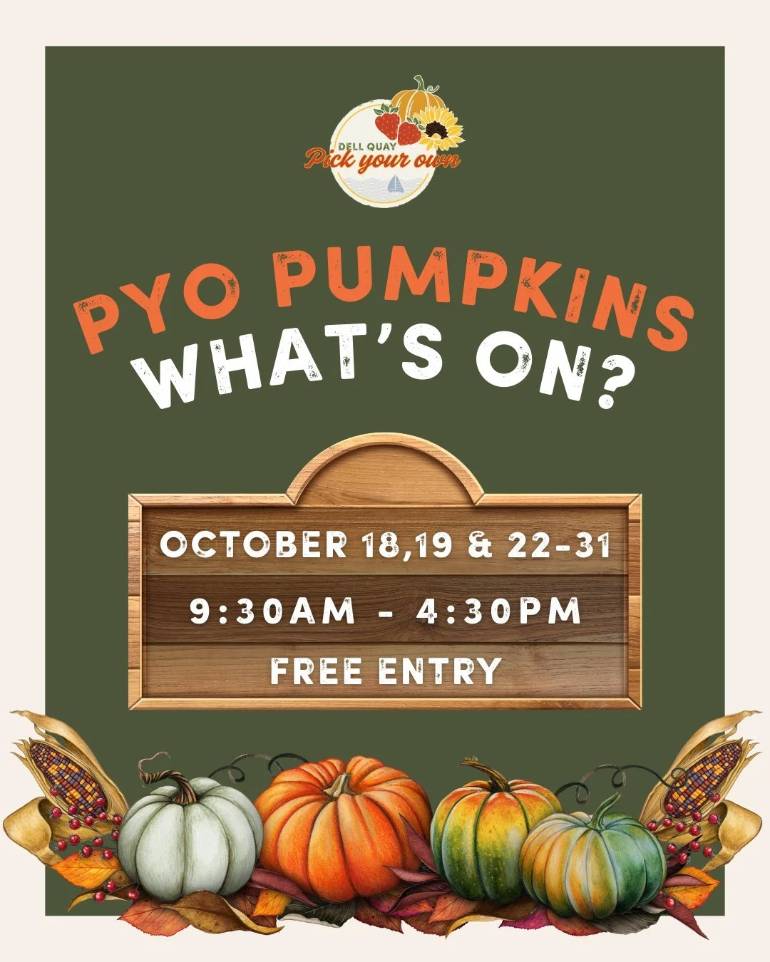 The countdown is ON⏰&hellip; 

Pumpkin picking at Dell Quay PYO is less than 4 weeks away! Get ready for a spook-tacular Halloween adventure packed with:�

🍂 Pumpkins of every shape and size
🎨 Hair-raising face painting�*
🥇 The ultimate golden pum