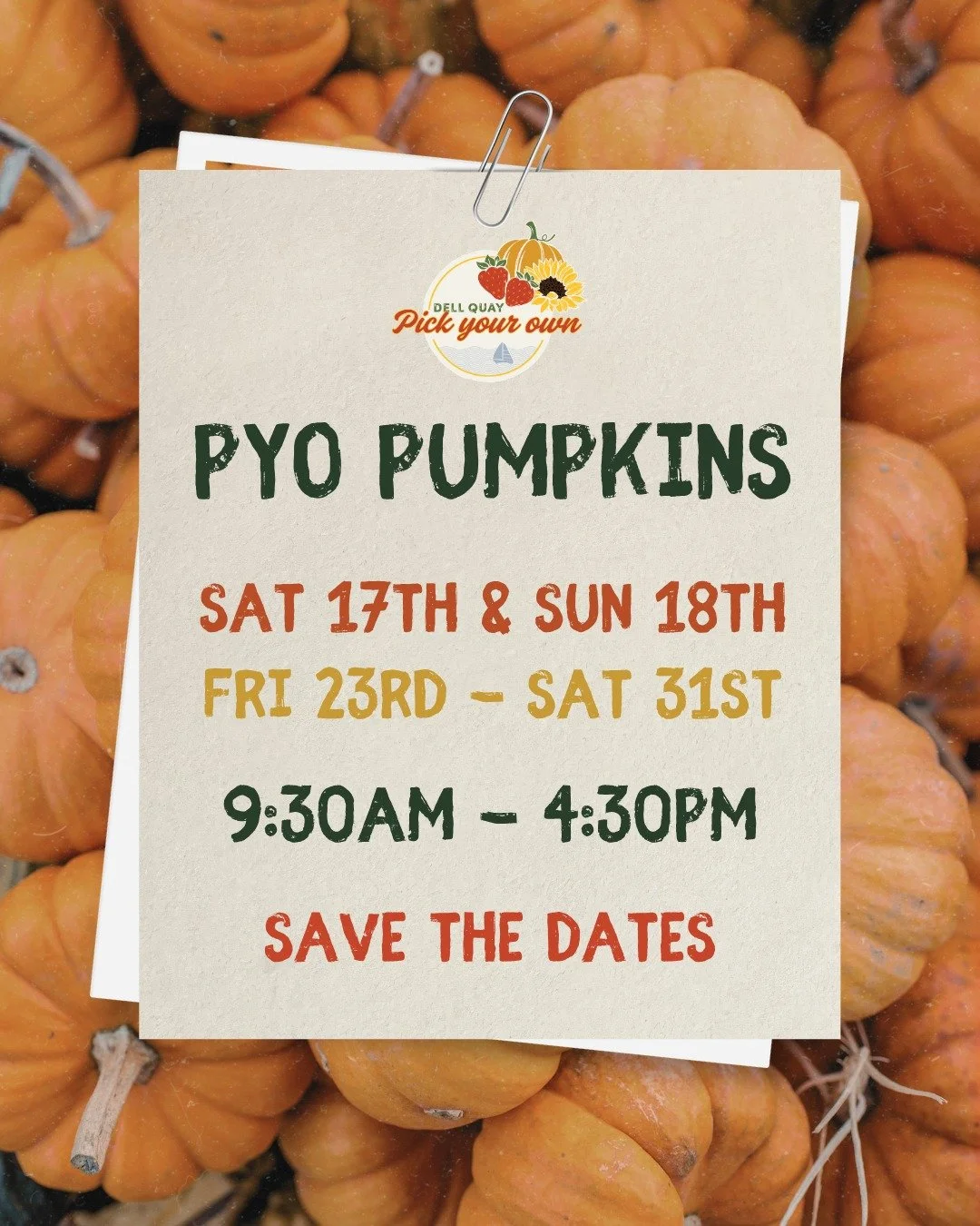 Dates for your diary this October👆🏼

Pumpkin season is on the horizon - so make sure to save the dates, so you don't miss out🎃

Get ready for lots of pumpkins, spooky fun, tasty treats and much more! As always, there's no booking required here at 