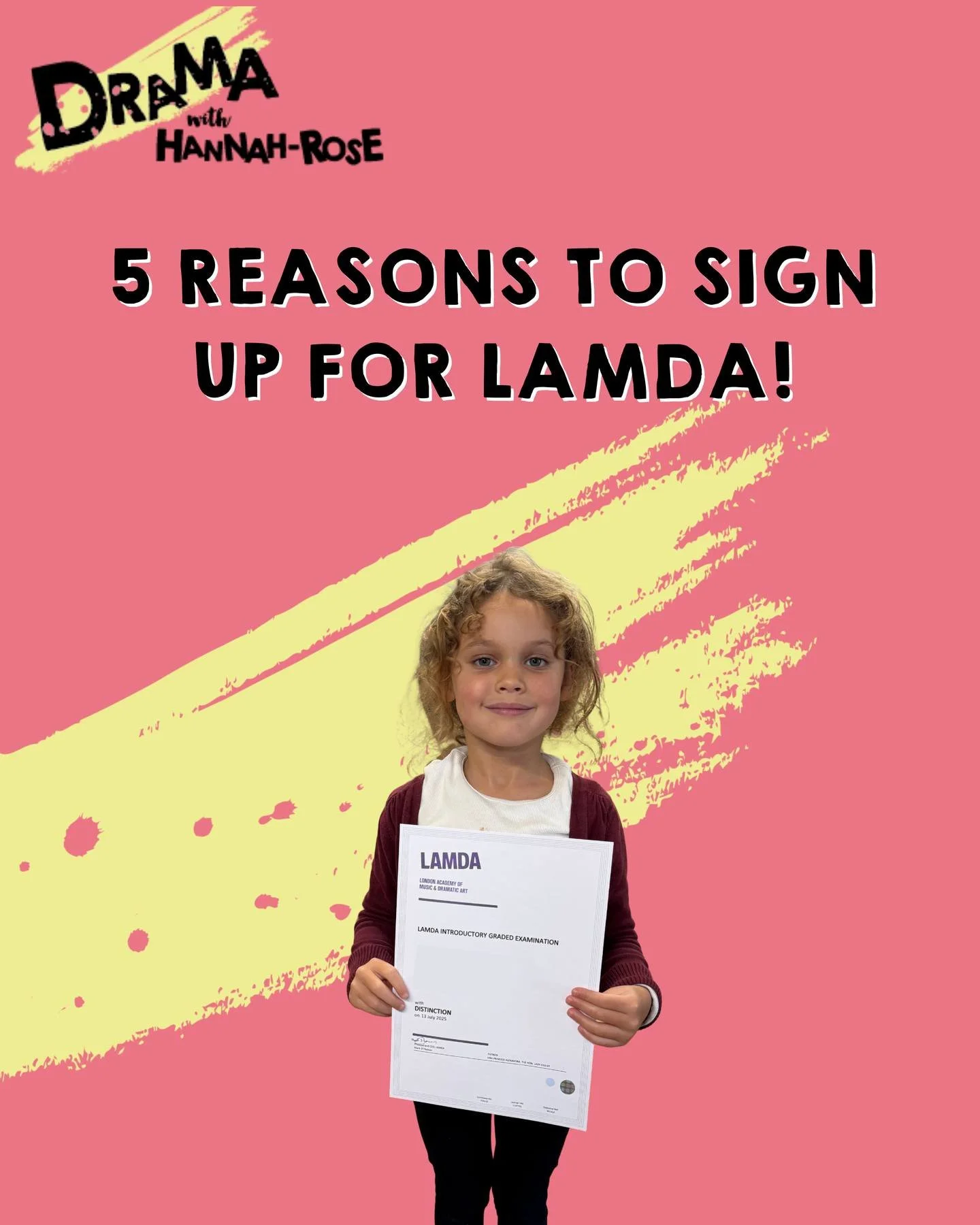 5 reasons to sign up for LAMDA with Hannah-Rose🎭✨

🎭Builds confidence and clear communication skills that support children in school and beyond.

👧🏼Sessions are nurturing and personalised, supporting each child at their own pace.

📝Children work