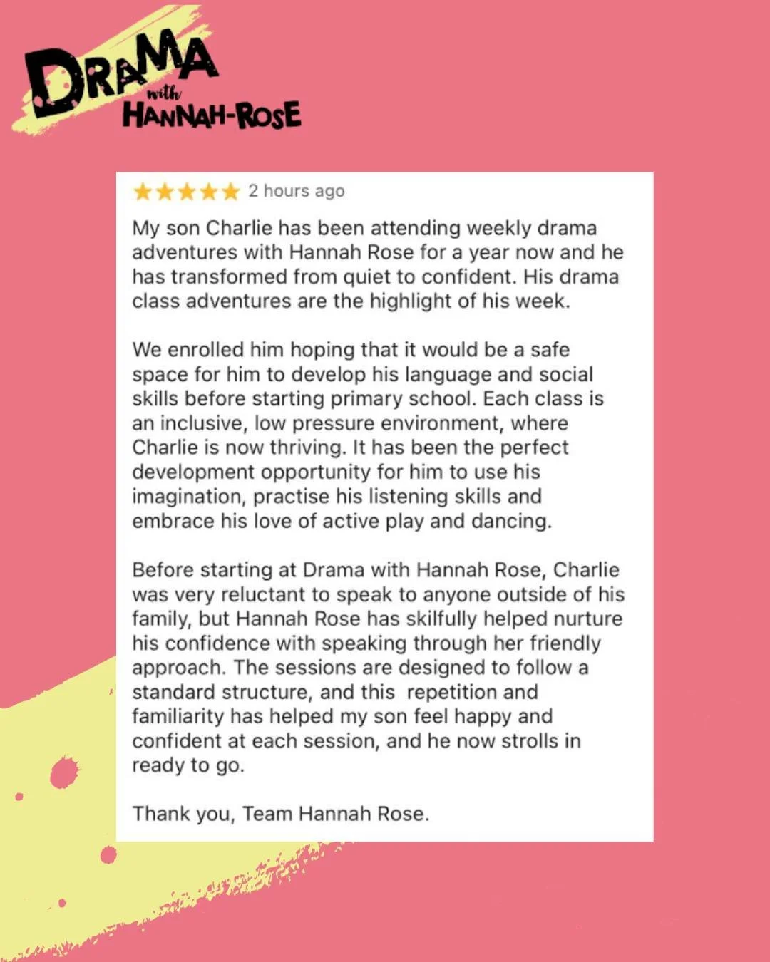 From quiet to confident, what an amazing review from one of our grown ups💛

Watching children find their voice is why we do what we do.

Hearing that drama adventures have become the highlight of the week&hellip; that confidence is growing&hellip; t