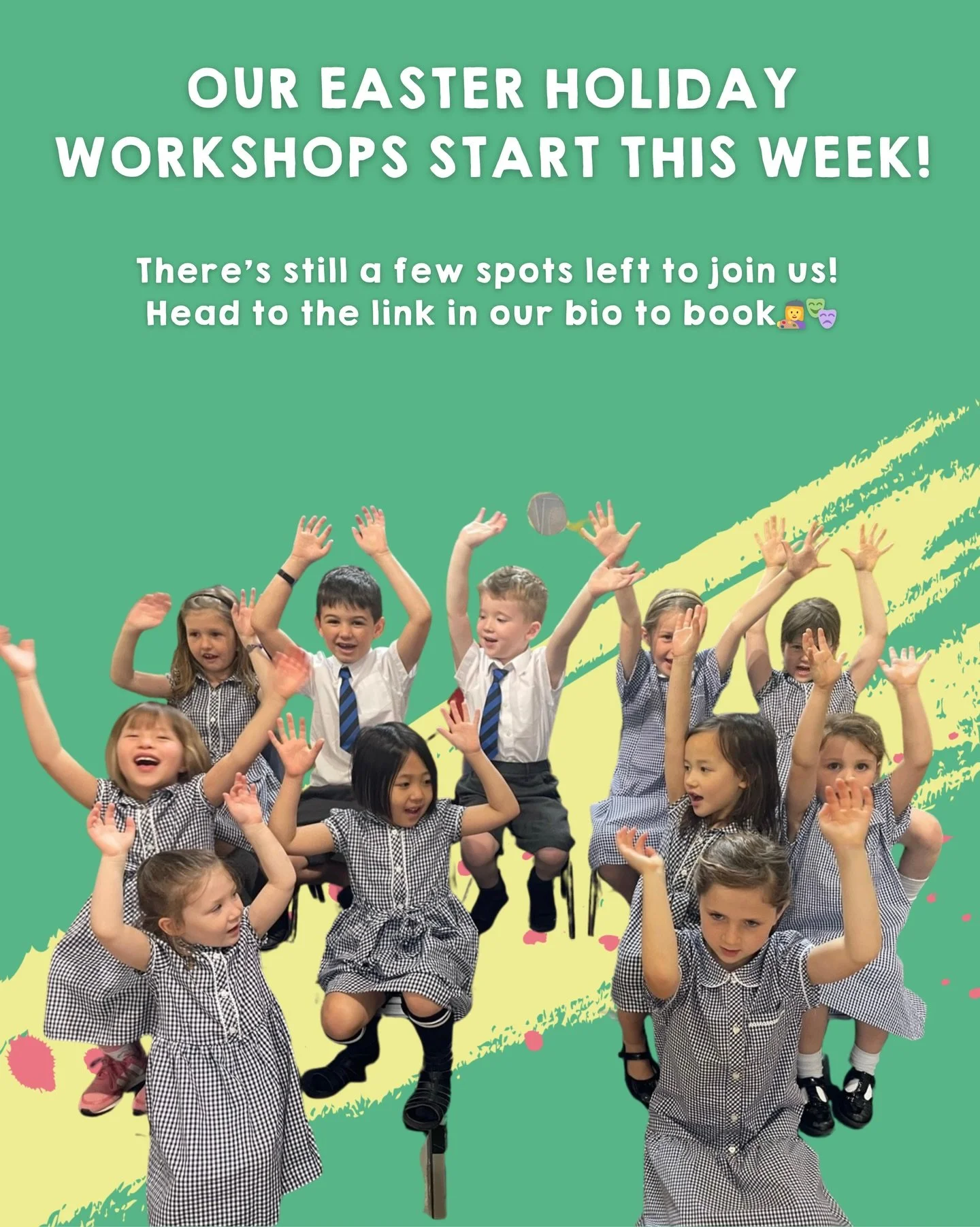 Hands up if you&rsquo;re ready for Easter workshops🙋&zwj;♀️🎭

We kick off THIS WEEK and we&rsquo;ve got a few spots left! From the Chocolate Factory or Matilda, expect lots of fun and imagination! 

Don&rsquo;t miss out, head to the link in our bio