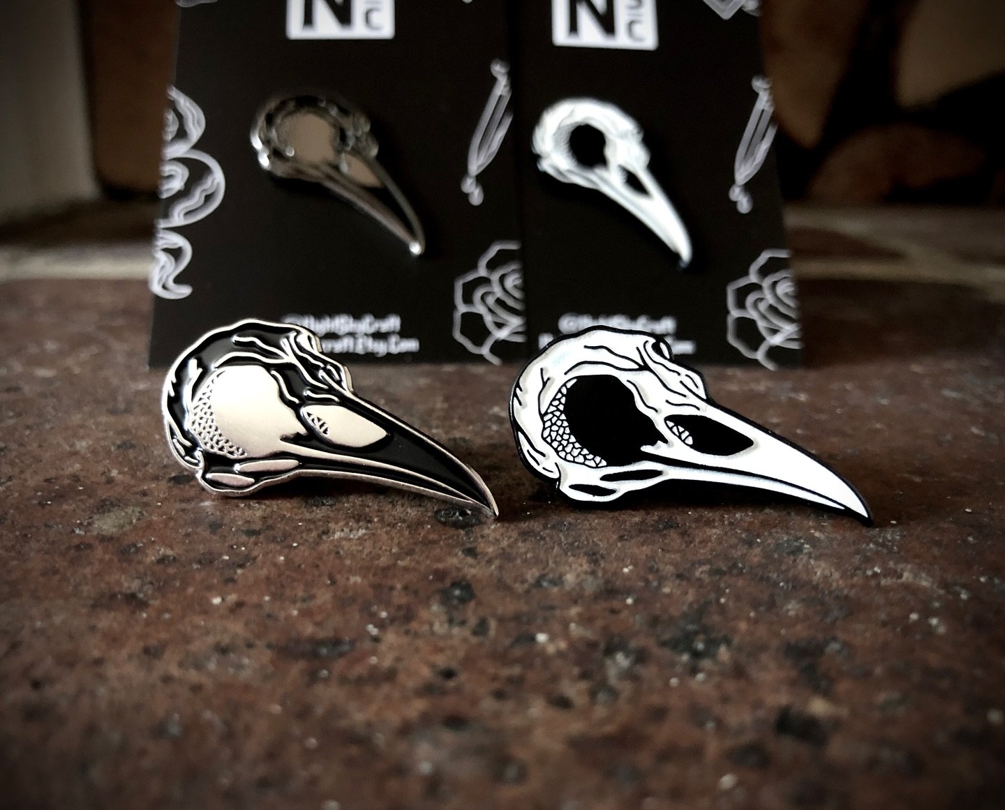 A little flash back to remember the old but gold! 

My first ever pin design the Crow Skull forever has a special place in my cold black heart 🖤 

They&rsquo;re available in Silver &amp; Black or White &amp; Black Glow in the dark variants! 

&bull;
