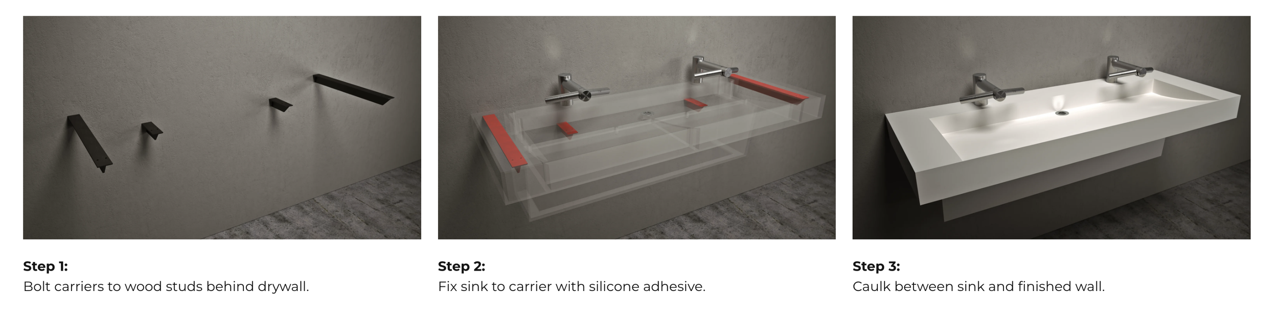 rendering of a step by step visualization for attaching a floating vanity to a wall. see-through counter sink floating off the wall using Sophstone accessories for mounting  sinks to the walls.