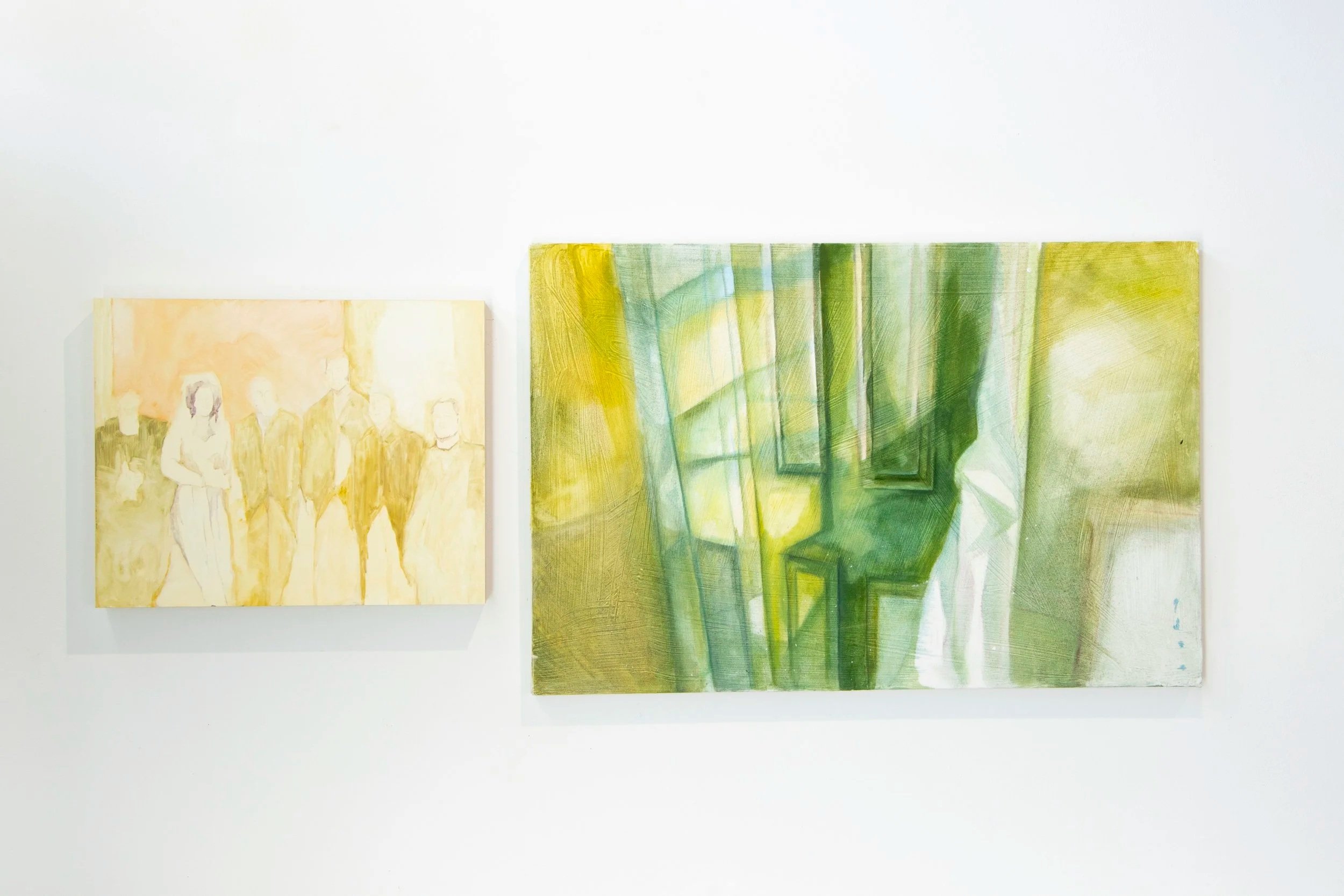Left -Wedding Day, 2026 Oil Paint on Wood Panel 16' x 20', Right - My Mandarin Corner, 2025 Oil Paint on Canvas 23.5' x 32'