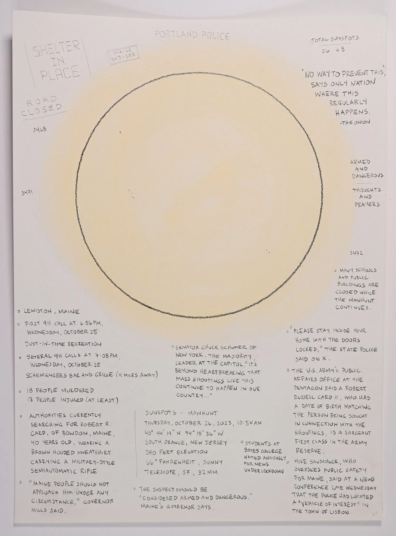 Matthew Deleget, Sunspots - Manhunt, Thursday, October 26, 2023, 10:54am, 2023, Gouache and graphite on cold press watercolor paper, 15 x 11 inches unframed, #804