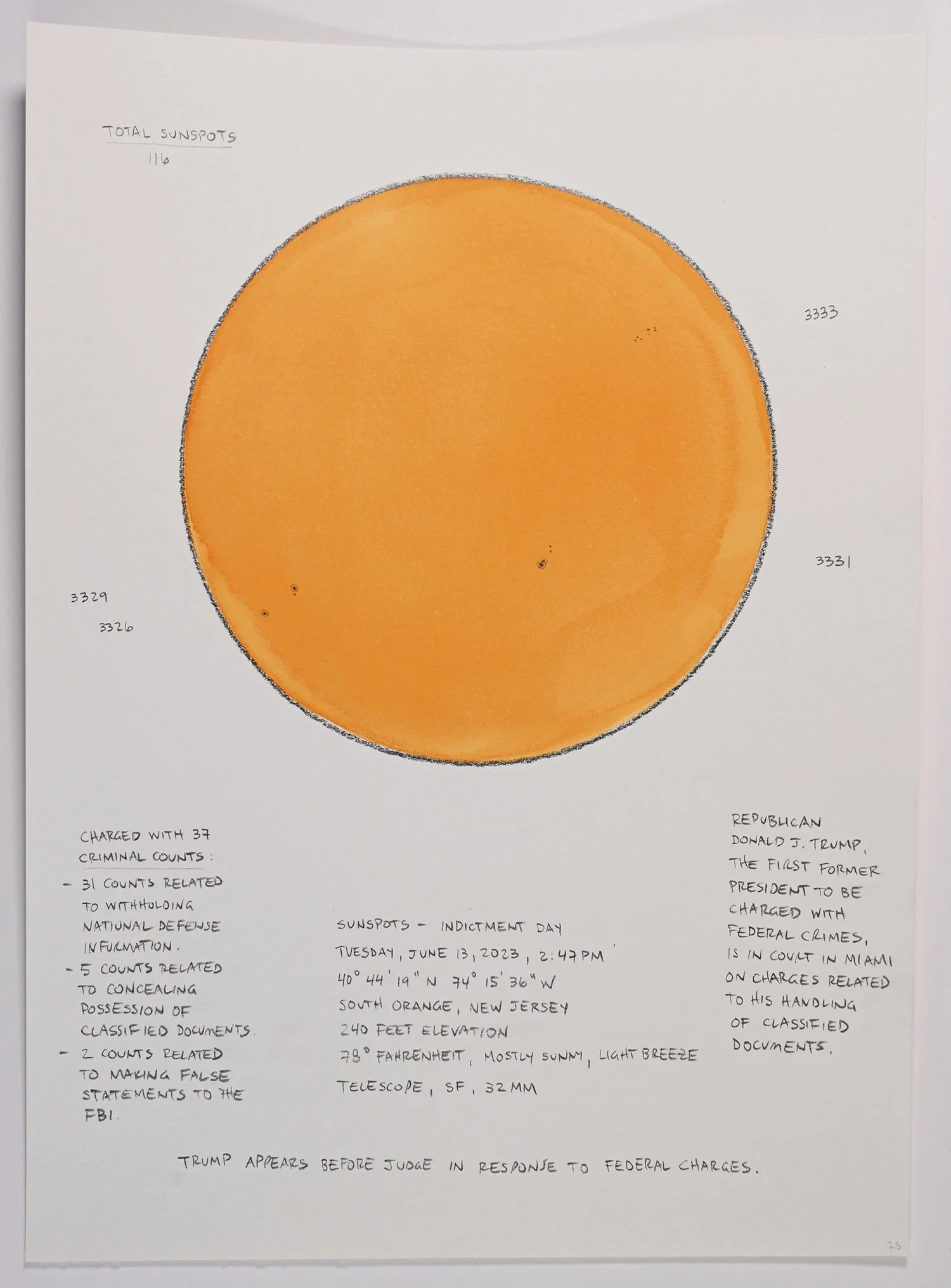 Matthew Deleget, Sunspots - Indictment Day, Tuesday, June 13, 2023, 2:47pm, 2023, Gouache and graphite on cold press watercolor paper, 15 x 11 inches unframed, #789