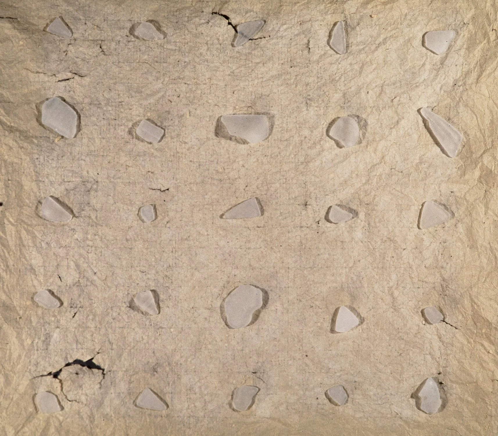 Matthew Deleget, 25 Sea Glass Pieces, 1995, Pencil, chalk, found sea glass on Japanese Kozo paper, 17 x 16 x 1 inches