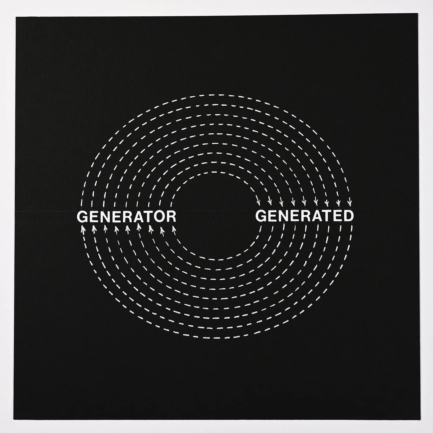 Matthew Deleget, Generator Generated, 2000, Silver metallic ink, pencil, and vinyl letters on black paper, 9 x 9 inches, #398